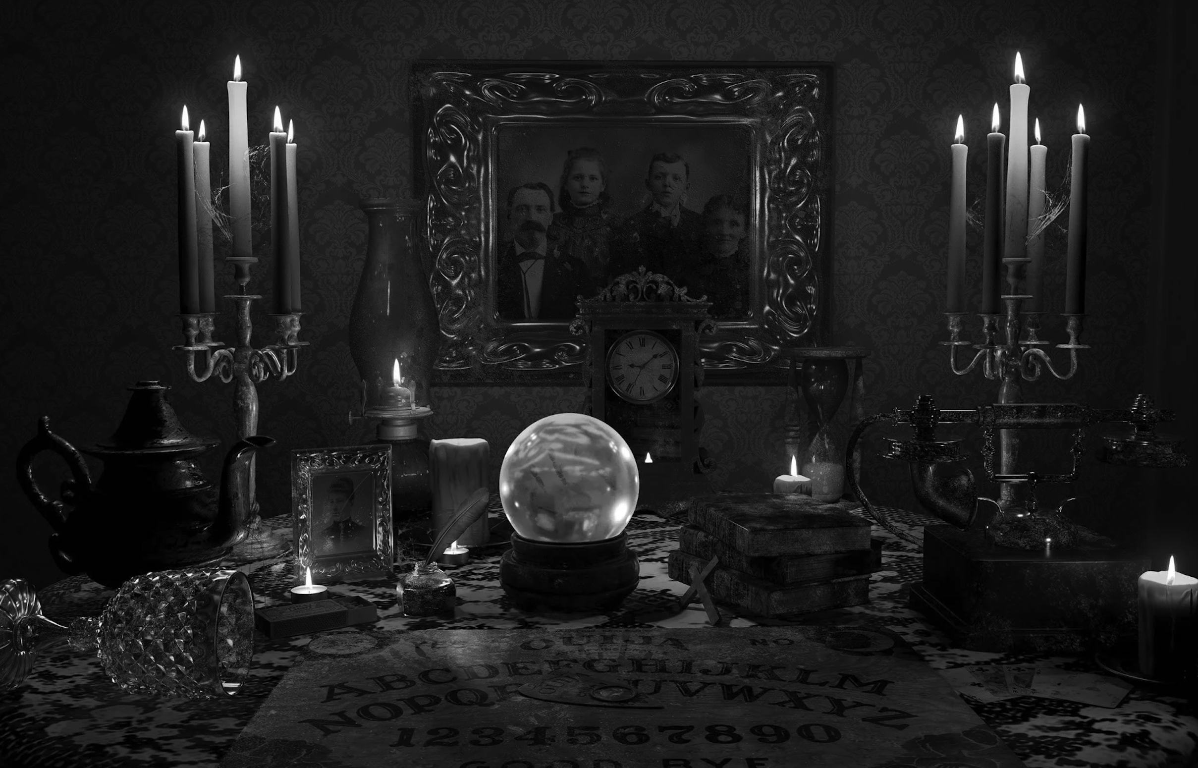 this image captures a scene of an eerie and mysterious setting with a ouija board, crystal ball, and various antique items, suggesting an ambiance of divination and possibly a seance. the central focus of the image is a ouija board in black and white, with a crystal ball resting on a stand above it. the board sits on an antique lace table cloth, suggesting a setting for an occult gathering. two candelabra with lit candles, one on either side of the board, cast an eerie glow, enhancing the dramatic atmosphere. in the background, a framed portrait of a family, and a standing antique clock add to the oldworld ambiance. an antique phone sits on the right side of the board, adding a mysterious touch. the scene is lit with an eerie, dim light, emphasizing the dark and shadowy nature of the room. the overall aesthetic is one of suspense, wonder, and a suggestion of the supernatural.