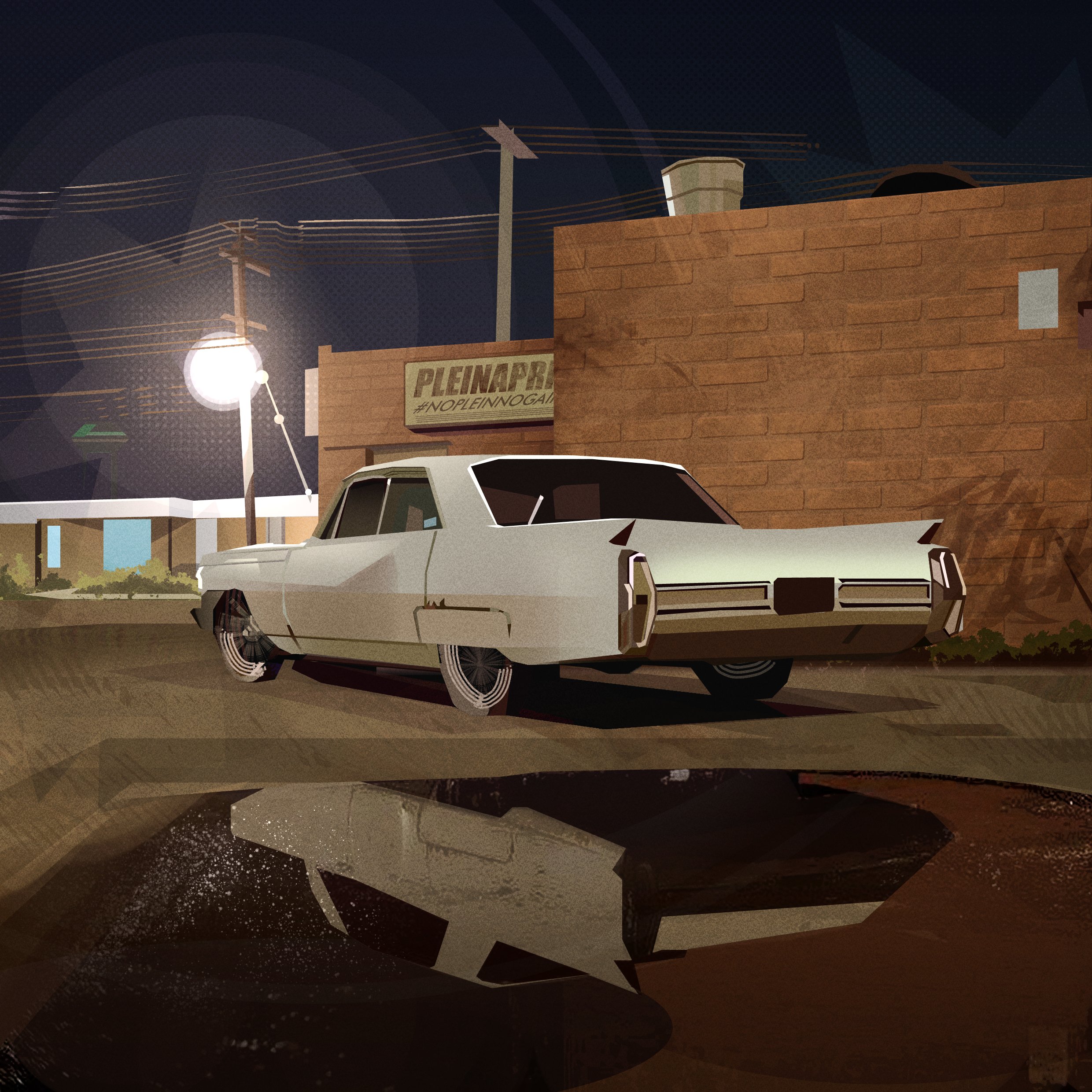 an illustration depicts a white vintage car parked on a street at night. the car's reflection is visible in a puddle on the ground. in the background, there is a brick building with a sign that reads "pleinair #nopleinnogai", a streetlight, and electrical wires.