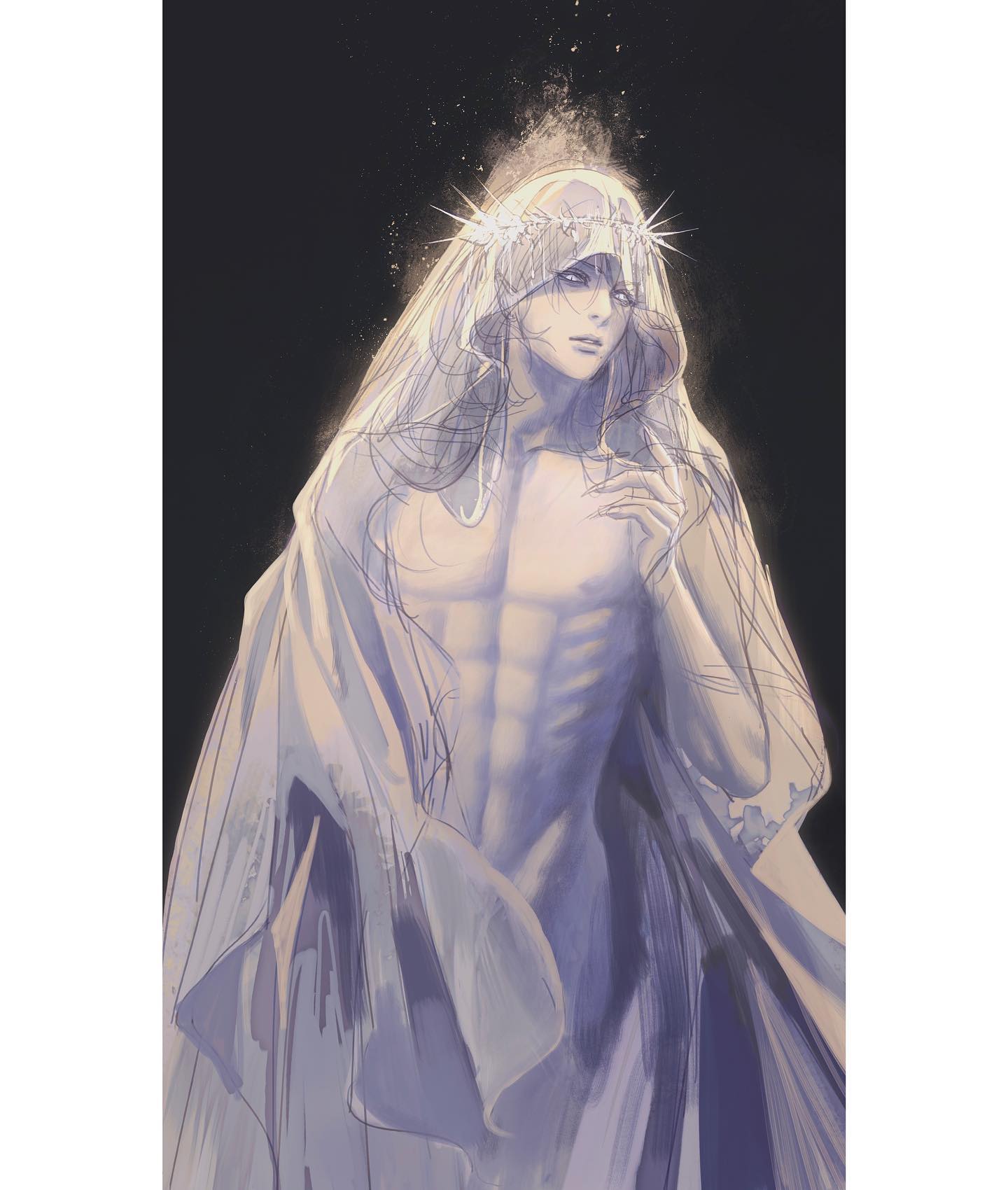 the image is a digital illustration of a male anime character with a glowing aura. he has long white hair, piercing blue eyes, and a delicate crown of thorns. he is draped in a billowing white robe, and his entire form seems to be made of light. the background is dark, with subtle lighting and shadows highlighting the subject. the artwork conveys a sense of mystery, spirituality, and power.
