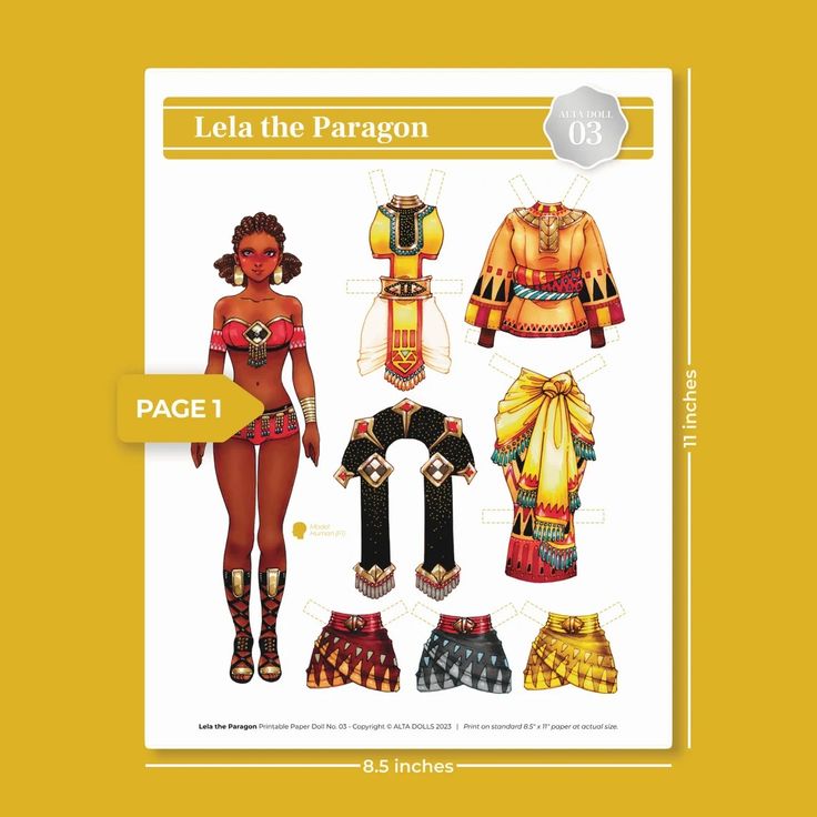 a printable paper doll named lela the paragon by alta dolls is displayed on a white background, surrounded by a mustardyellow border. the image shows the doll in her base outfit, along with various clothing cutouts representing different garments like dresses, skirts, tops, and accessories, designed to be cut out and used to dress up the doll. the image includes the dimensions for printing on standard 8.5" x 11" paper, indicating that it is page 1 of the doll's set, and is labeled as alta doll 03.