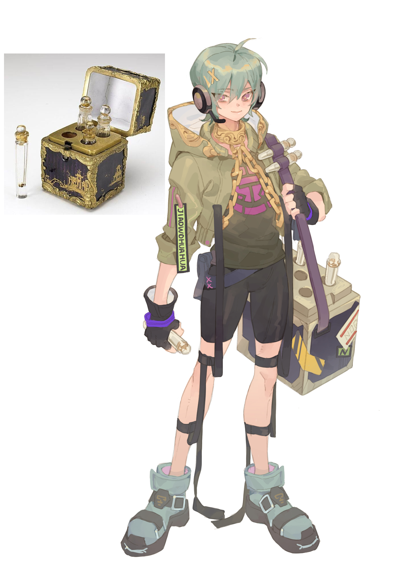 an anime illustration of a male character with green hair and eyes. he is wearing a green jacket with a chain necklace, black shorts, boots, and gloves. he is holding a weapon and a bag on his shoulder. he is standing with his legs apart and his arms at his sides. he is looking at the viewer. the background is a simple white.