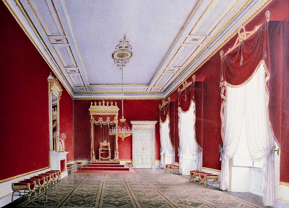 the image depicts an elaborate interior hall with a strong emphasis on red color. the walls are deep red, contrasting with the ornate, lightcolored ceiling featuring gold accents and recessed panels. there are tall windows draped with opulent red and white curtains. a throne stands prominently at the far end of the hall, framed by a golden canopy and red drapery. a large chandelier hangs near the throne. on the left side of the hall, there is a fireplace with a mirror above it. several benches line the wall. the floor is patterned in a geometric design. the overall style suggests a royal or palatial setting. it appears to be a painting or illustration of an interior architectural space rather than a photograph.