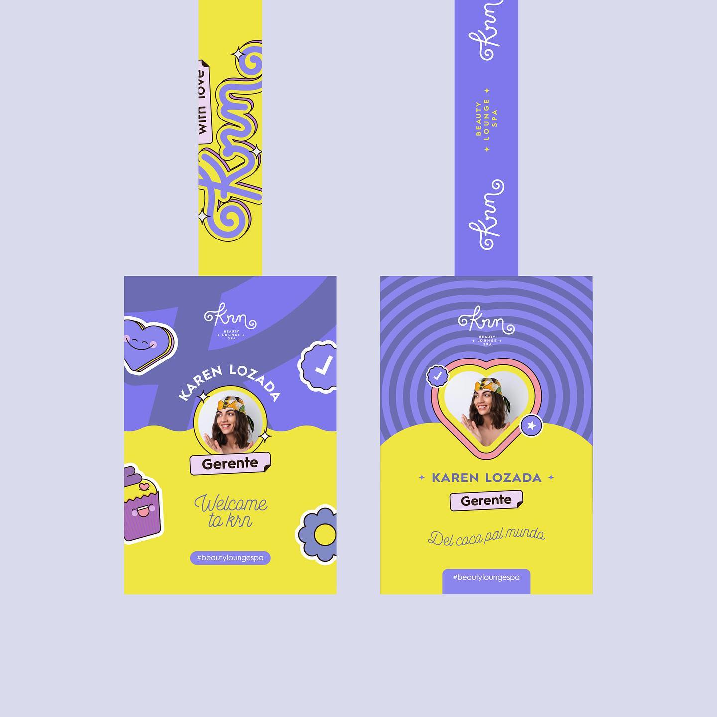 two variations of a vertically oriented id card for 'karen lozada' who is the 'gerente' at 'krn', a 'beauty lounge + spa'. both cards feature karen's picture, name and title, the company logo, and the tagline '#beautyloungespa'. one version is mostly purple and features circular patterns, while the other is primarily light purple and features more playful graphics and text.