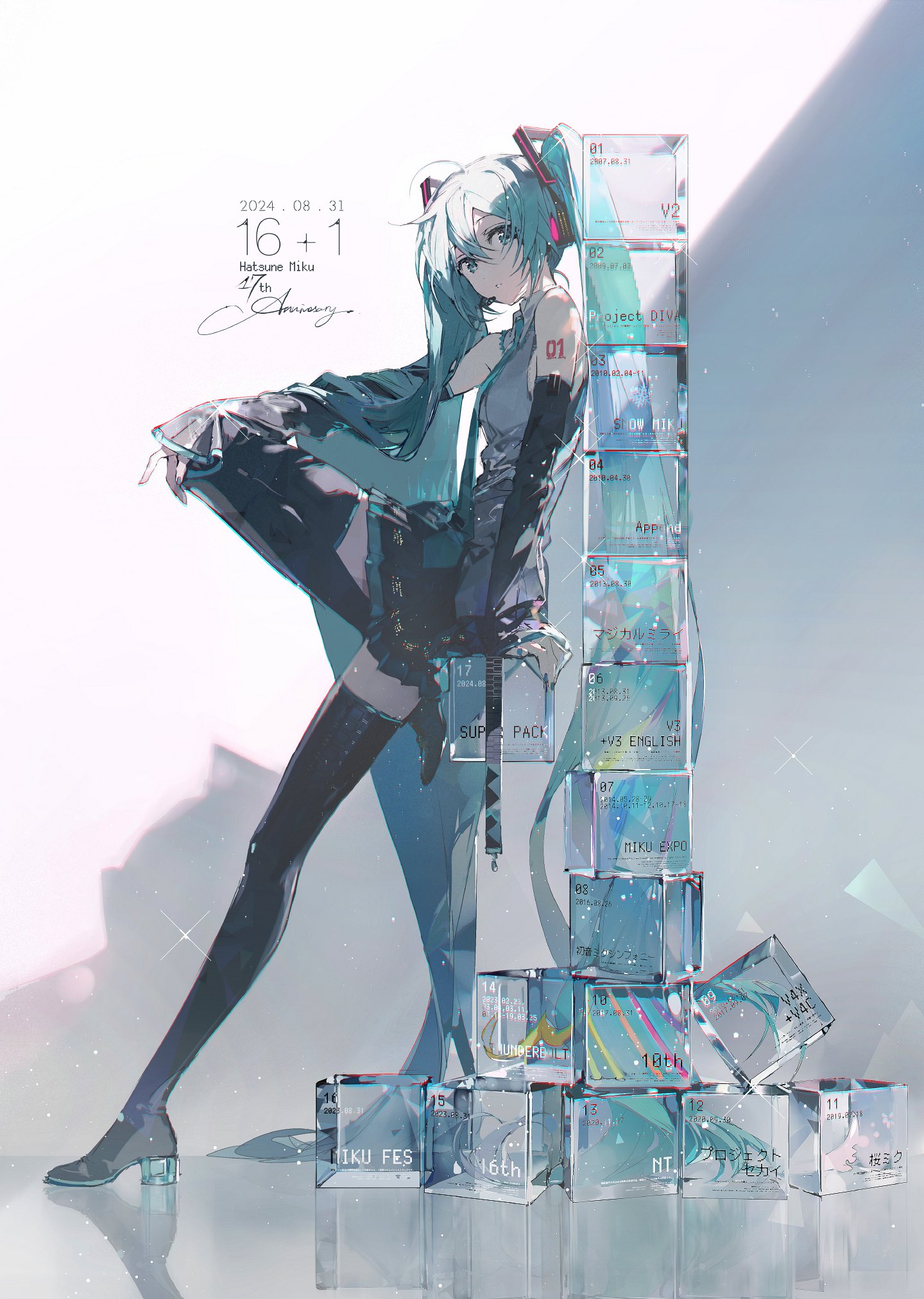 the image features hatsune miku, a virtual japanese pop star. she's depicted in an anime style, posing against a backdrop of transparent, glowing cubes with japanese lettering. miku is dressed in her signature outfit, a futuristic gray and black ensemble. her long turquoise hair, a defining characteristic, falls around her. the overall aesthetic is sleek and modern, aligning with the technological aspect of her persona. kw: hatsune miku, vocaloid, virtual singer, anime, illustration, digital art, japanese, cyberpunk, futuristic