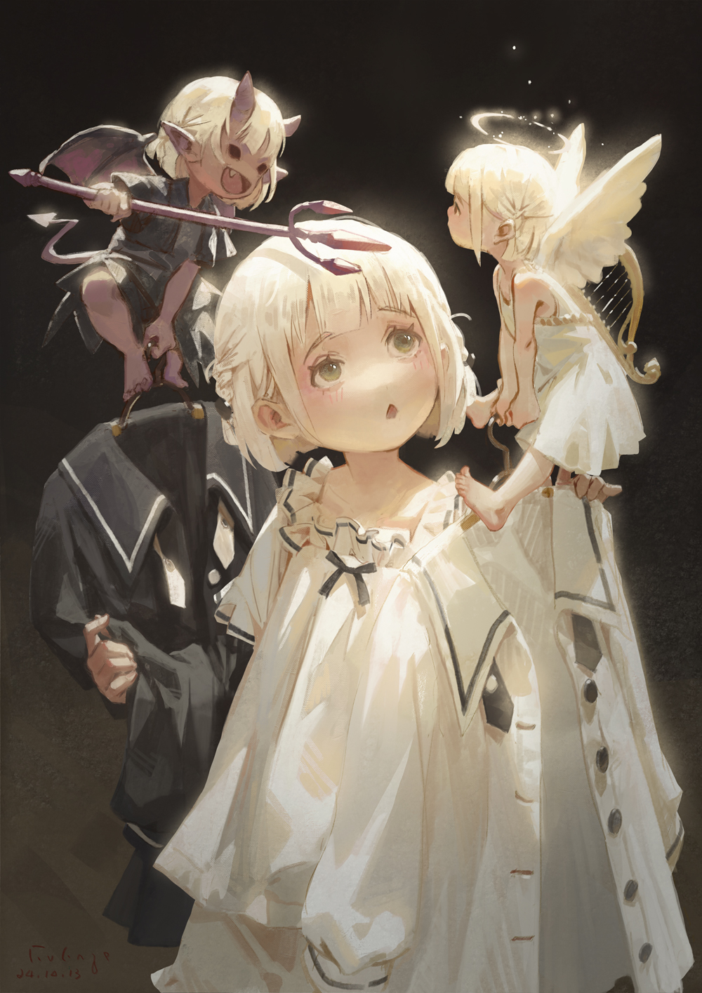 the image shows an animestyle illustration with a central figure of a lightskinned child wearing a white dress with a sailor collar and a black tie, looking up with a surprised expression. above her to the left is a small, lightskinned demon with horns, wings, and a trident, standing on top of what appears to be a suited character. to the right is a small, lightskinned angel with a halo, wings, and a harp, holding onto the child's hand. the background is black, and the lighting emphasizes the figures, creating a contrast between the good and evil elements.