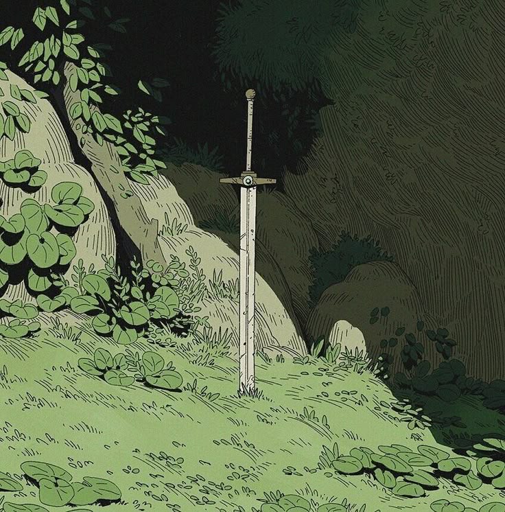 the image shows a sword standing in the ground surrounded by grass and vegetation. the sword is silver and has a simple hilt. it is situated on a small grassy hill with rocks and foliage. the background is a dark forest. the style is reminiscent of a comic book or illustration.