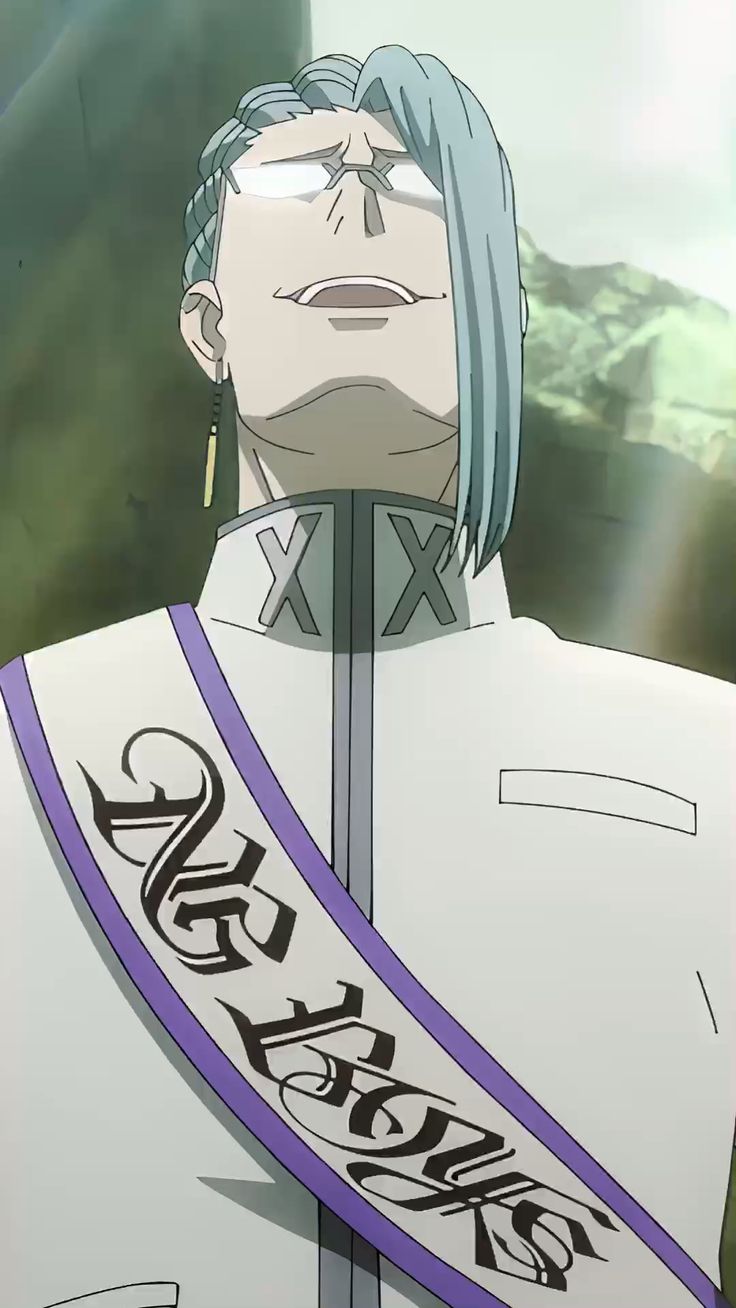 the image features a portrait of an animestyle male character, illustrated in a confident pose. he is wearing a white uniform with a distinctive purple sash bearing a stylized emblem. the setting suggests an outdoor environment with natural lighting, enhancing the character's dominant and selfassured demeanor. the low angle perspective further amplifies this effect, portraying him as a figure of authority and power.
