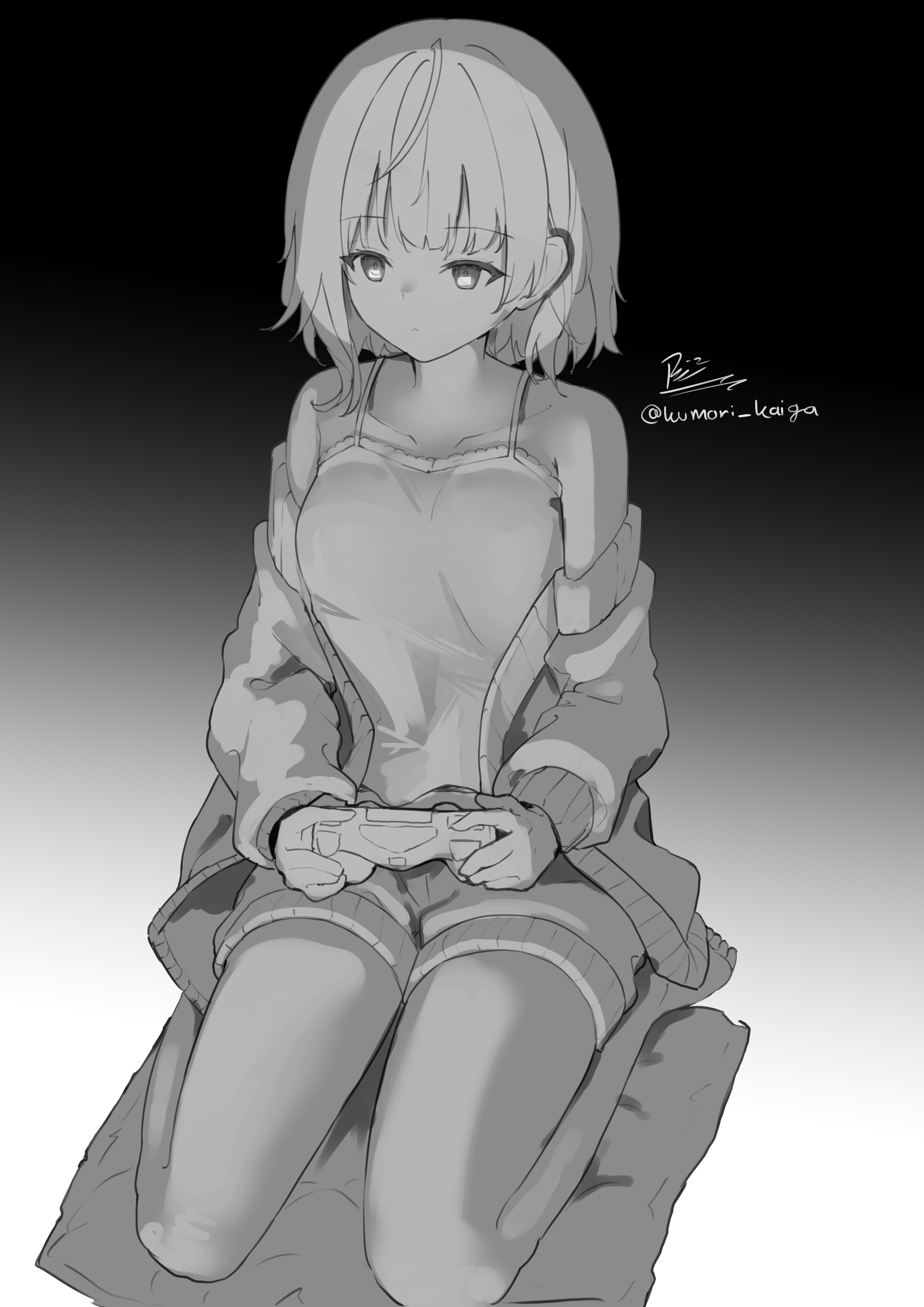 the image is a grayscale digital drawing of an animestyle girl sitting on what appears to be a cushion or a small pile of fabric.  she has short, slightly messy hair and is wearing a sleeveless top and shorts, along with a loose, open jacket. she is holding a video game controller in her hands, her expression appearing calm and perhaps a little pensive. the background is a dark, gradient that fades to a lighter shade towards the bottom. the overall style is soft and somewhat sketchy, with a focus on capturing a mood rather than sharp detail.  the artist's handle, @lwmori_kaiga, is visible in the image.