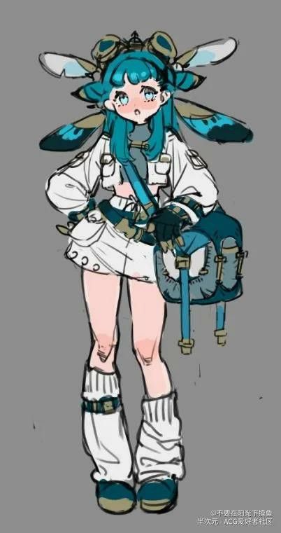 an animestyle drawing of a cute girl with blue hair and wings wearing a white shirt and blue backpack. she is standing with her legs crossed and looking to the side. the drawing is done in a cartoon style with thick lines and bright colors.