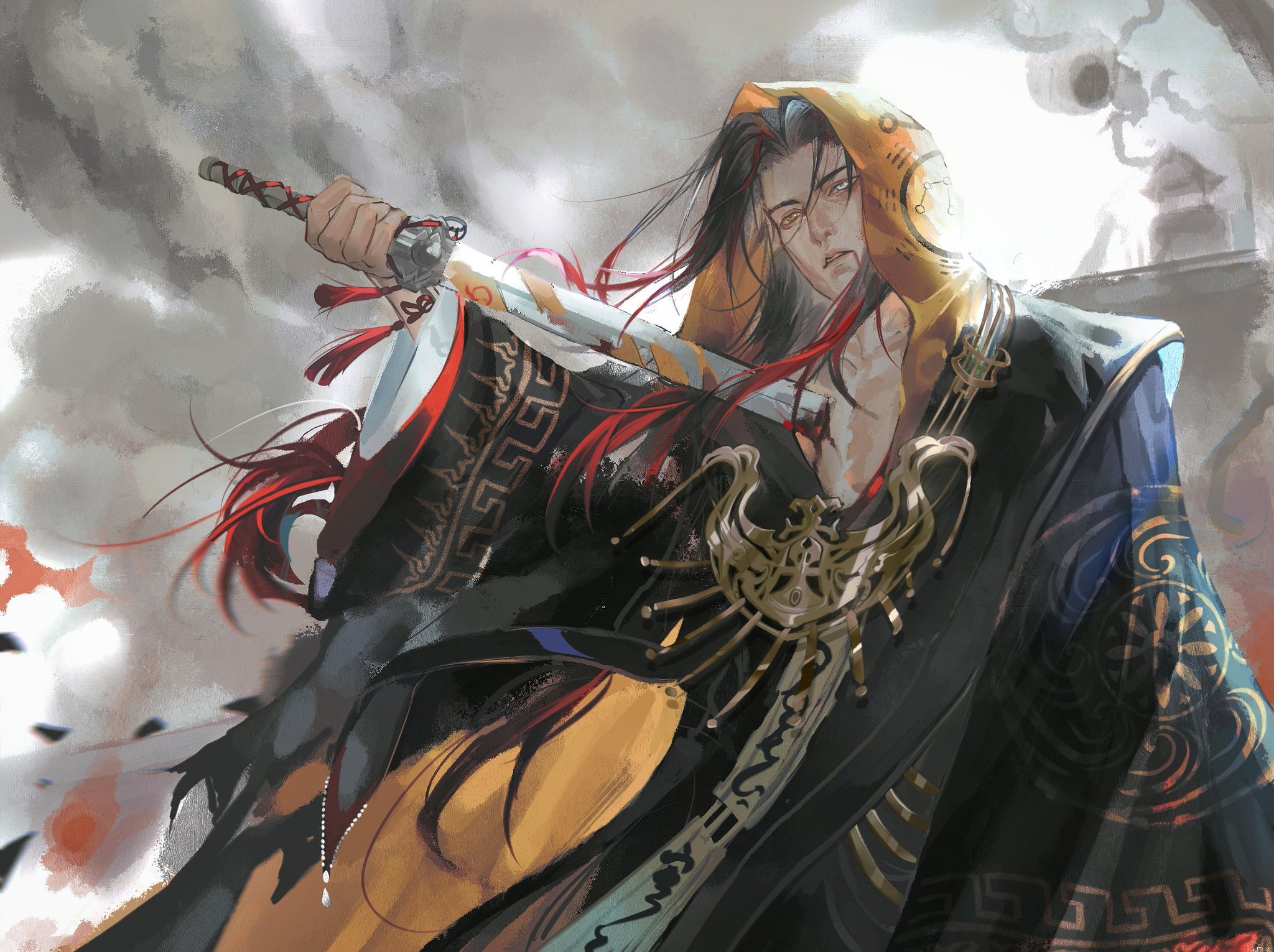 this is a digital painting depicting an anime character. the character is a young man with long red hair and an ornate robe, standing with a katana drawn.  the character is surrounded by fog and mist, giving the image a dramatic feel.  the character has a determined look on their face, suggesting that they are ready for battle. the overall style is very detailed and intricate, showcasing a high level of skill by the artist.