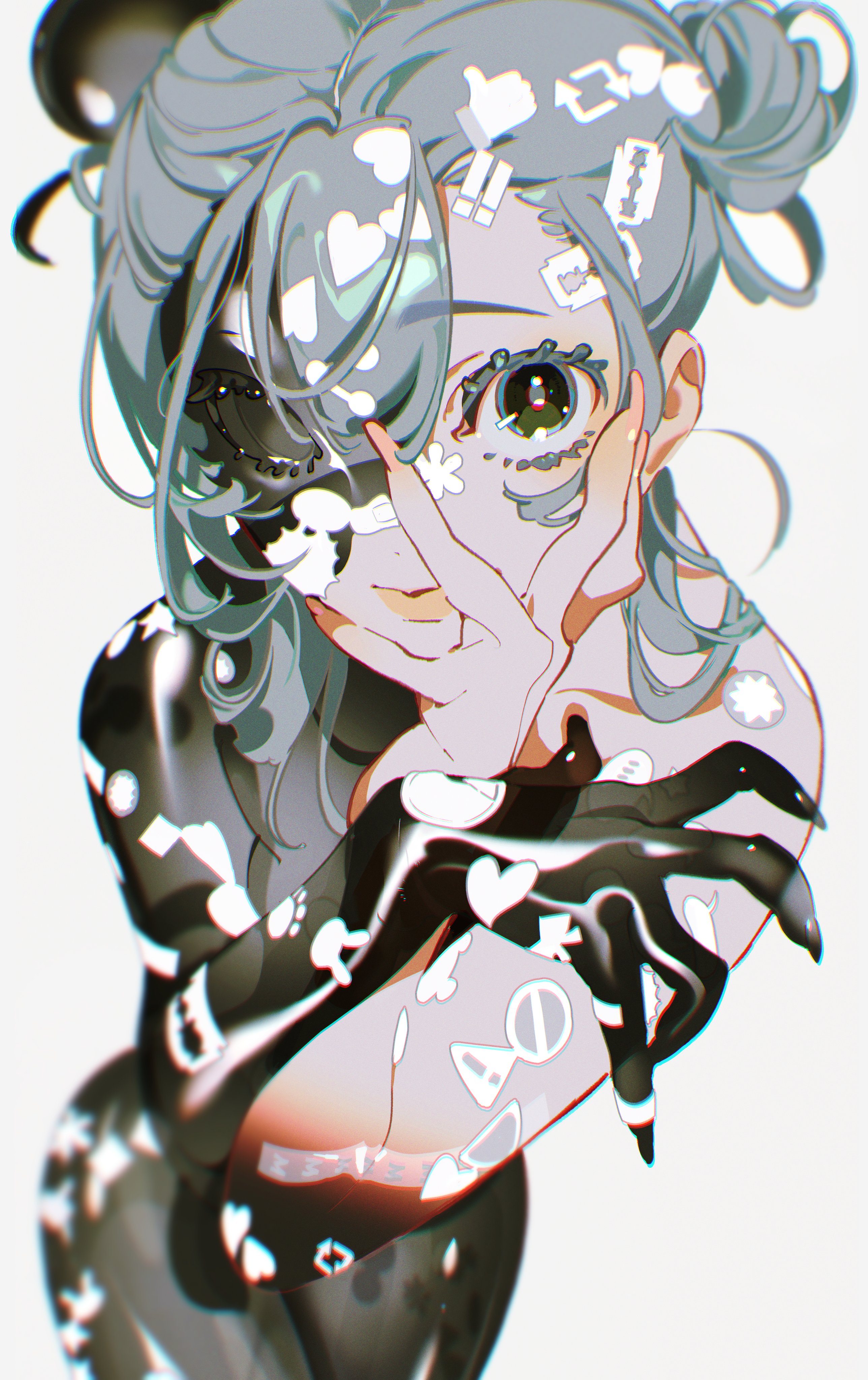 a closeup image of a woman's face covered in white and black patterns. she is wearing a black and white outfit. her eyes are looking to the left of the image, her hair is pulled back with a headband. her left hand is raised to her face, her right hand is reaching behind her, her fingers are claws. she is facing the camera, her hair is framing her face, she is looking to the left side. the image has a cool color scheme.  the background is a light gray, with a light shadow on the right side of the girl's face.