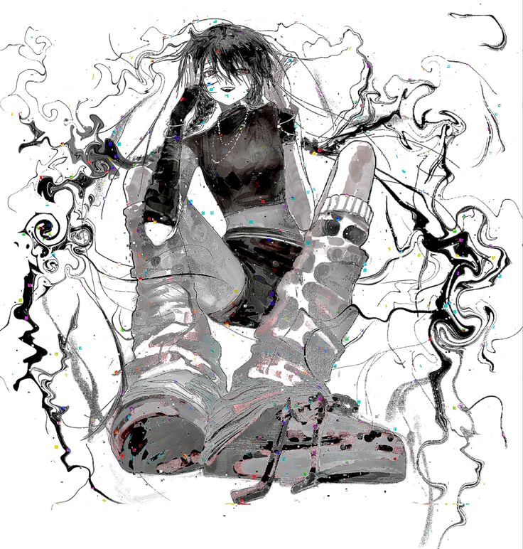 a black and white anime illustration of a young woman with black hair and a dark outfit. the drawing is rendered with a psychedelic effect. she is wearing large boots and has a colorful background.