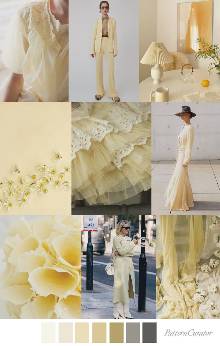 a mood board featuring various shades of yellow clothing, accessories, and decor. the theme is feminine and delicate, showcasing lace, tulle, and floral elements. images include a woman wearing a yellow suit, a flowy yellow dress, a lacetrimmed blouse, a tulle skirt, and a yellow coat. the color palette consists of various neutral shades with a focus on yellow. other images show flowers, room decor elements and general aesthetic of the board.