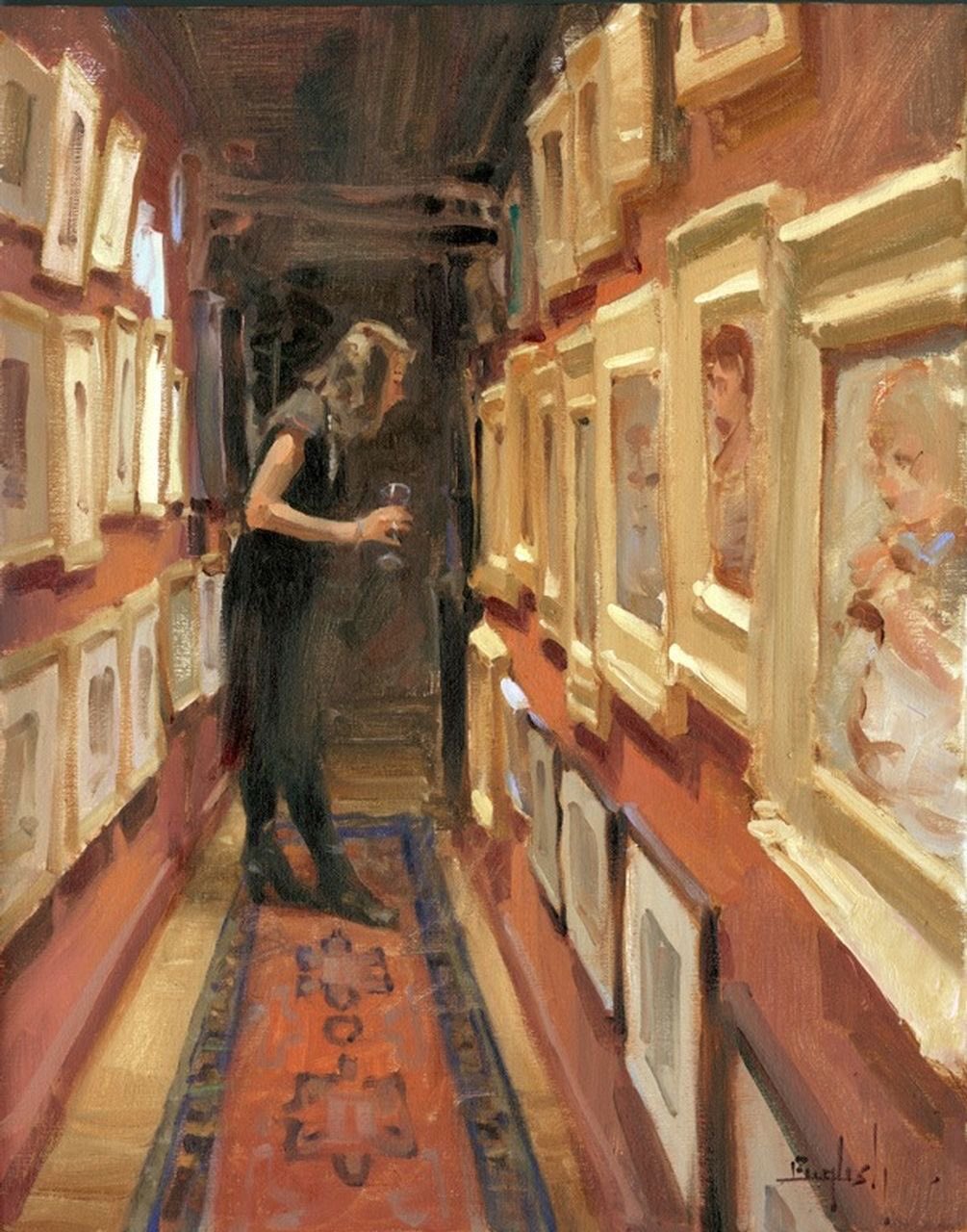 a painting depicts a woman in a dark dress standing in an art gallery, holding a glass. the gallery is lined with framed portraits and other artwork hanging on the walls. an orange rug runs down the center of the hallway. the woman is looking at the art on the wall.