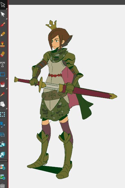 this is a digital illustration of a female warrior, standing with her sword drawn. she is wearing armor, a crown, and a green and brown tunic. she appears to be a powerful and brave warrior.