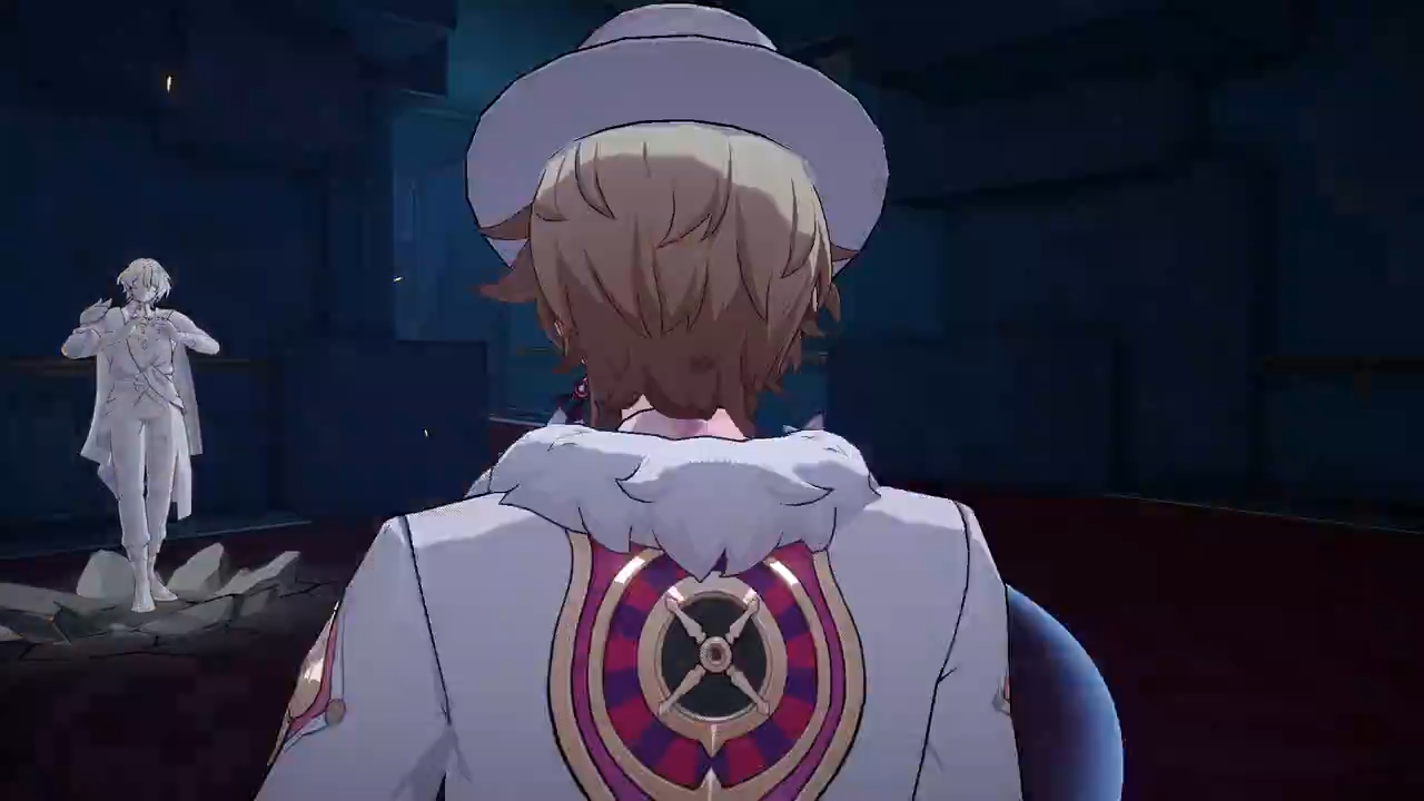 a character from the game genshin impact, called wanderer (formerly scaramouche), wearing a white hat and jacket with a black shirt and red accents, is looking away from the camera, while another character is standing in the background.  the image is taken from a video game and has an animestyle.