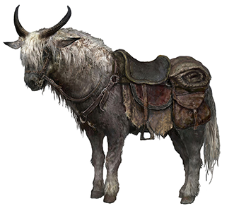 a digital illustration of a fantasy creature that resembles a horse with yaklike fur and horns. it's outfitted with a saddle, blankets, and saddlebags, suggesting it's used as a mount. the image is welllit, showcasing the details of the creature's fur and the worn leather of its equipment.