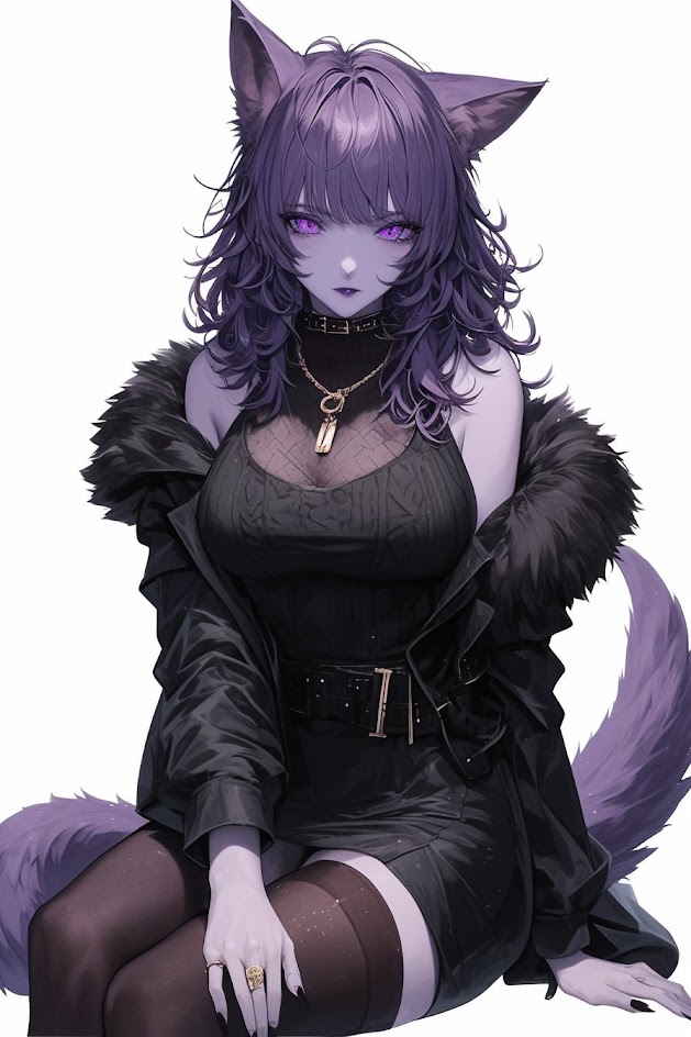 this is a digital illustration of an anime girl with cat ears and a purple tail. she has long, purple hair and purple skin, and she is wearing a black outfit, which includes a furry jacket, a black dress, and thighhigh stockings. she is sitting on a white background, looking at the viewer with a confident expression. she is wearing a necklace and a ring on her finger. the image has a dark and mysterious tone, and the girl's expression suggests she is powerful and independent.