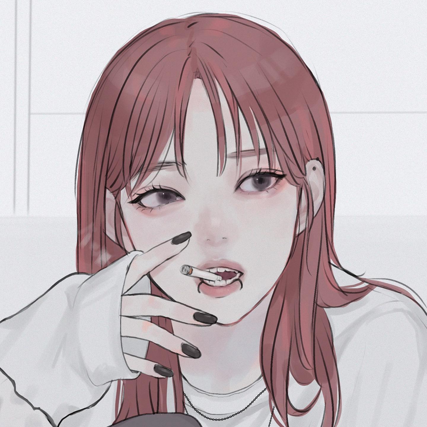 the image is a digital drawing or illustration of an animestyle girl. she has long, straight reddishbrown hair with bangs that partially cover her forehead. her expression is somewhat serious or pensive.  she's holding a cigarette between her fingers, which are painted with darkcolored nail polish. she is wearing a simple white, longsleeved shirt or sweater and a delicate necklace. her skin is depicted as pale, and her eyes are a soft, grayish purple.  the style is a blend of soft, almost painterly textures, with sharp detail in her features, giving a striking and slightly edgy look. the overall color palette is muted and soft, focusing on shades of pink, gray, and white.