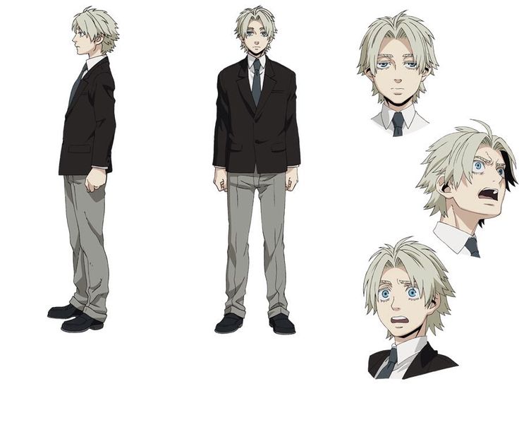 this image shows a character design from an anime series, featuring a young blond male in a formal suit. he is depicted in various poses and closeups, showcasing his facial features and attire. the design includes details such as a black suit, white shirt, tie, gray pants, shoes, and various expressions, including surprise and shock. this design suggests a character who is possibly welldressed and possibly a businessman, but also has a sense of fear or urgency. the image is created in a digital art style and is likely a concept art piece for a specific anime series.