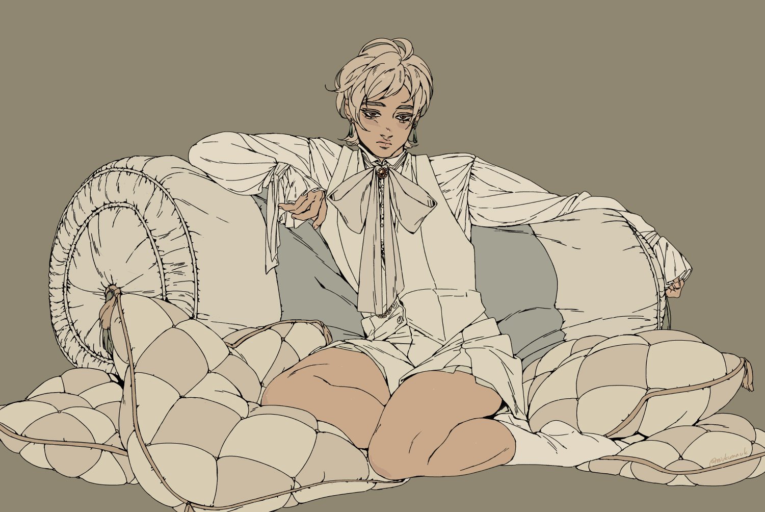 a woman with blonde hair and wearing a white dress is sitting on a sofa. she is looking down with a pensive expression. the sofa is covered in white cushions. the drawing is done in anime style.