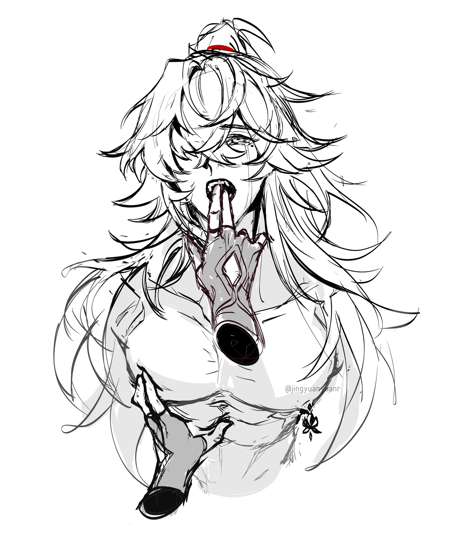 a black and white sketch of a young male anime character with long white hair. he is wearing a white shirt with a black headband. he has his hand up to his mouth with a finger in his mouth. his face is contorted in a mix of discomfort and annoyance. the drawing is detailed, including shading and shadowing. it is done in a loose and expressive style.