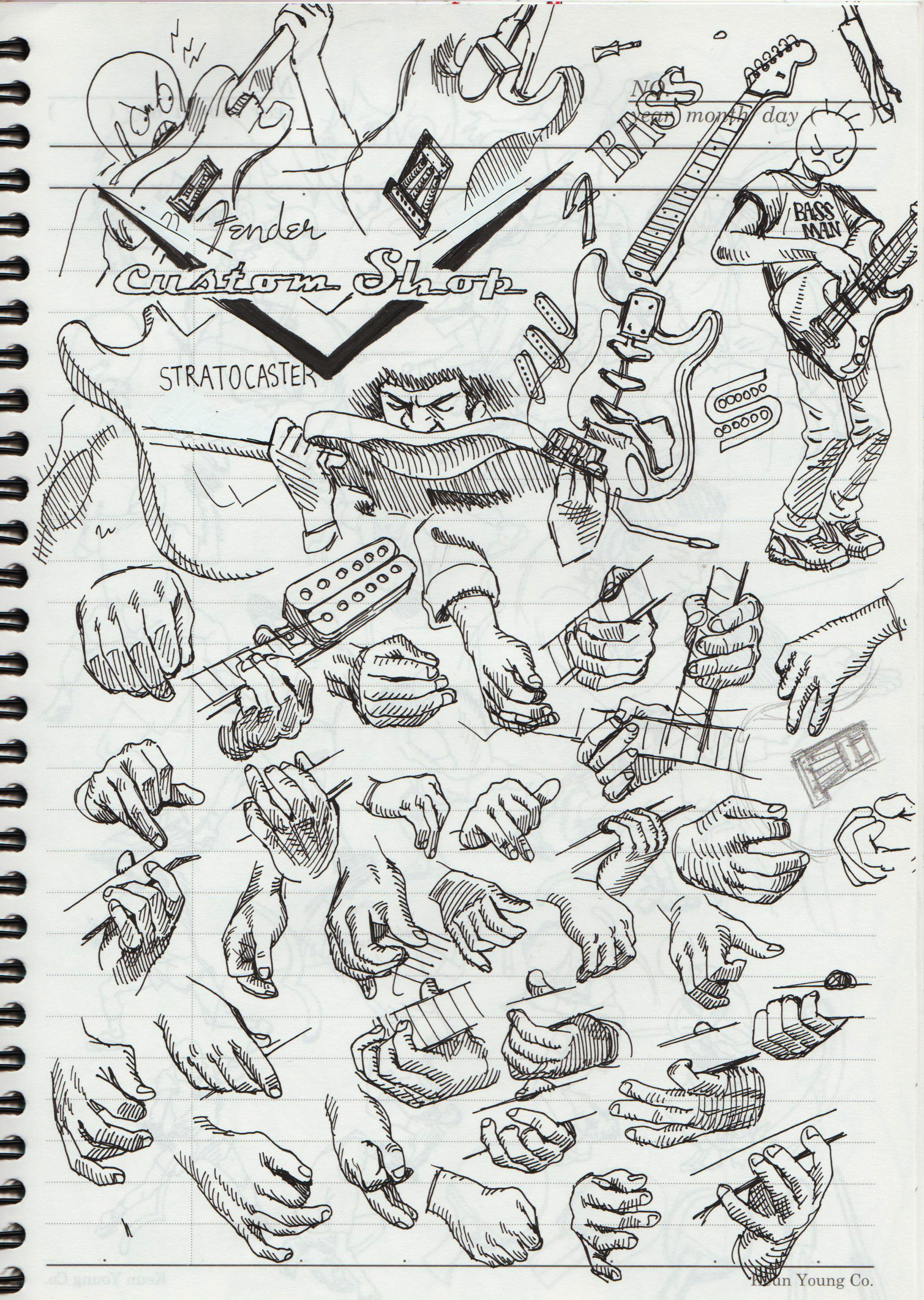 a notebook page filled with drawings of hands playing a guitar. the notebook has the words "fender custom shop" written in it.  the drawing also includes a strumming hand and the word "stratocaster" written next to the guitar.  the notebook is covered in a grid pattern.