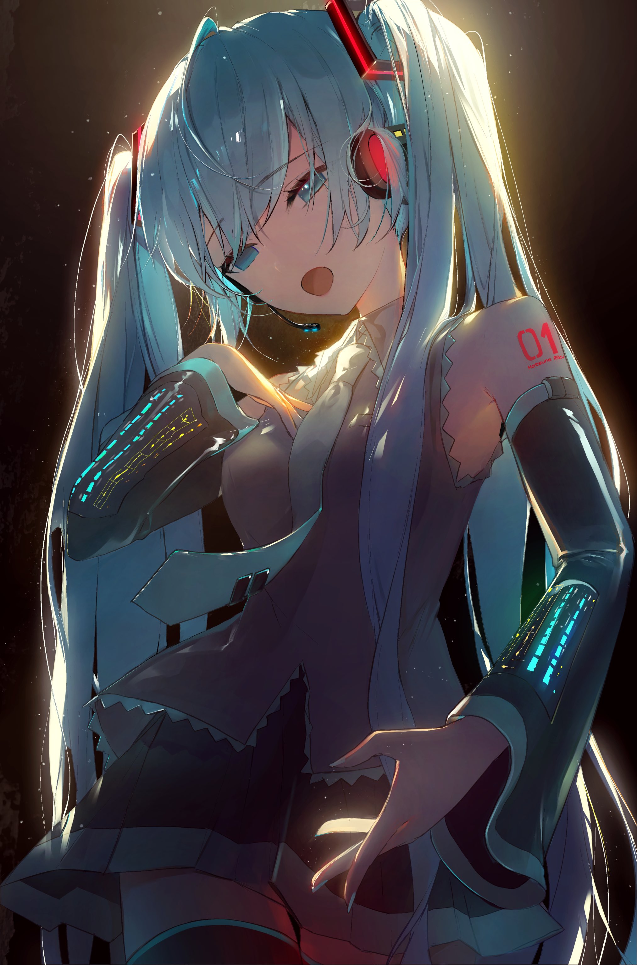 the image is a digital painting of hatsune miku, a popular vocaloid character.  she's depicted in a stylized, futuristic outfit with cyberneticlooking gloves and headphones. her long, bright blue twintails are a prominent feature, and her expression is emotive, almost playful. the background is dark and moody, contrasting with the bright lighting that highlights her features and the details in her clothing. the overall style is anime, emphasizing bold lines and vibrant colors. a "01" is visible on her arm, possibly indicating a serial number or identification. the artwork is a closeup portrait, showcasing detailed textures and rendering of hair, clothing, and skin.