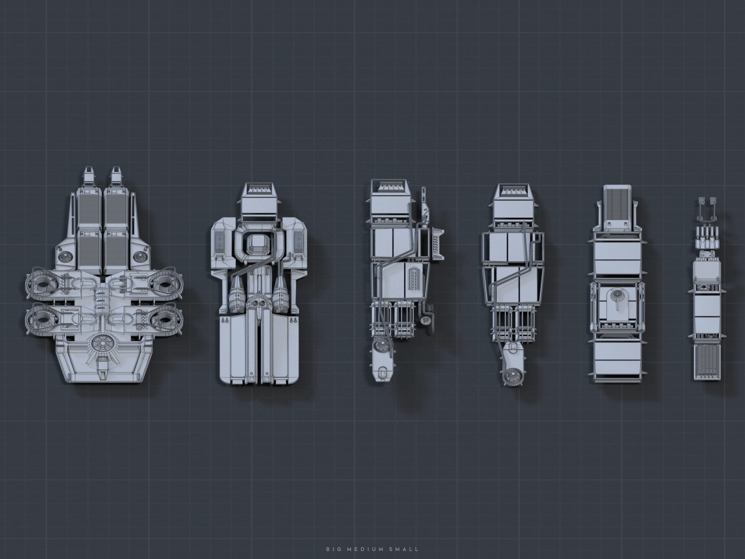 the image presents a topdown blueprintstyle view of five different spaceship modules, ranging in size from large to small. each module is rendered in a grayscale wireframe style, against a dark gray gridded background.  the modules appear to be modular components, possibly designed to connect or stack together to form larger spacecraft.  the size difference between the modules is clearly visible, with the largest having a complex design incorporating multiple engines or thrusters, and the smallest being a slender, simple unit. the caption "big medium small" at the bottom clarifies the scale comparison.  the overall style suggests a technical drawing or concept art for a scifi project.