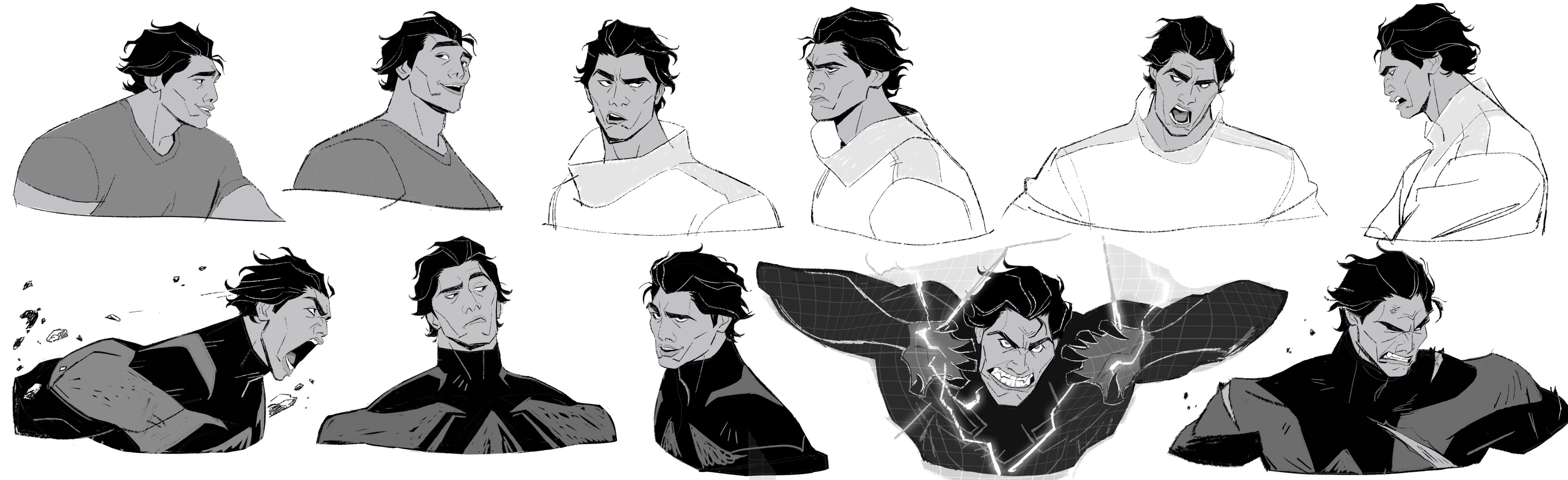 a digital illustration of a male character in different poses. the character has black hair and is shown with a variety of facial expressions and styles, including anger, surprise, pain, and fear. the character is also shown in action poses, dynamic and animated.  the art style is bold and cartoonish, featuring thick lines and bold colors.