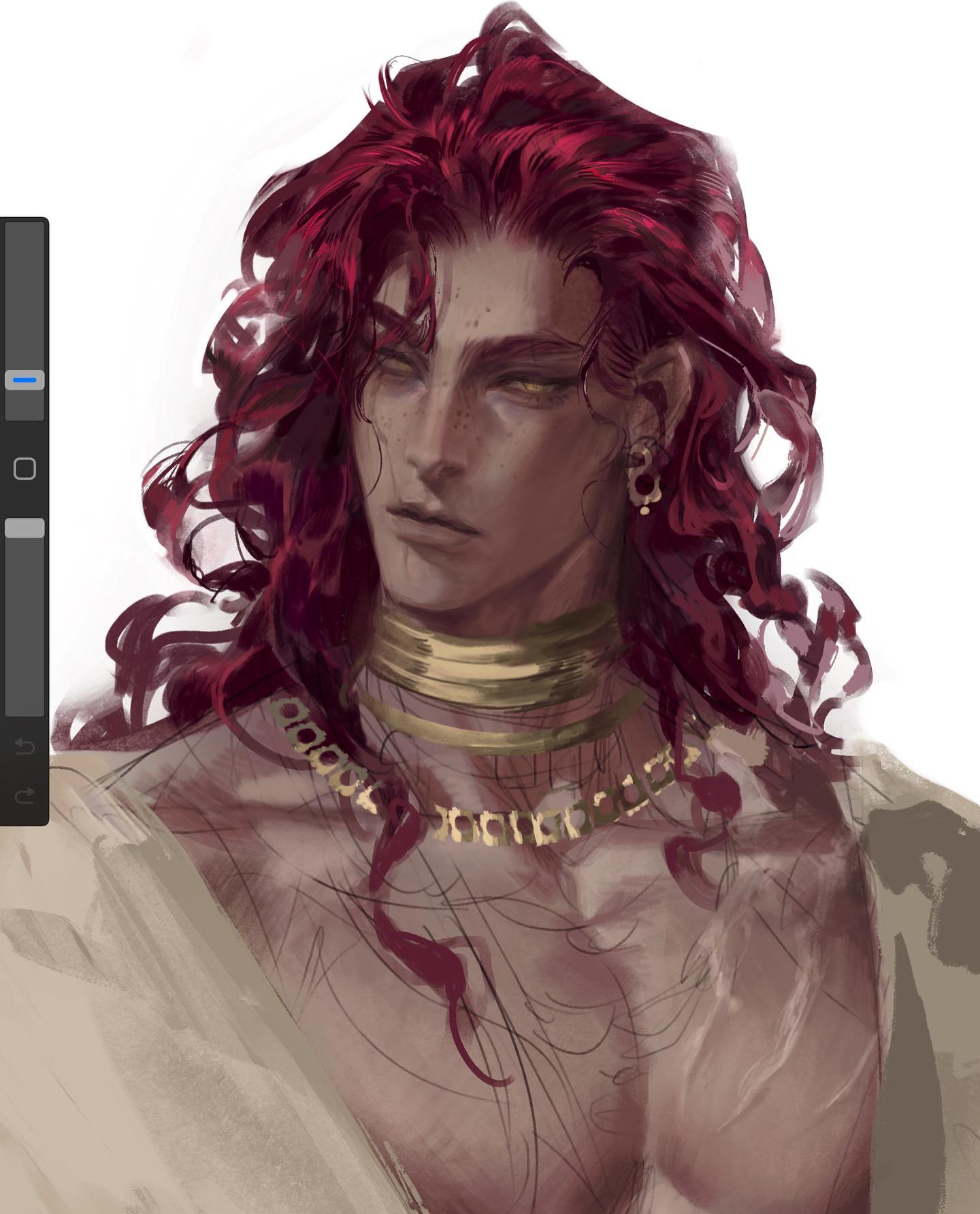 a digital painting of a young man with vibrant red hair cascading around his shoulders. he wears ornate gold jewelry, including a thick collar and multiple necklaces. his gaze is intense and direct, with a hint of melancholy. the painting style is loose and painterly, focusing on capturing mood and atmosphere. the background is simple and undefined, allowing the figure to take center stage.