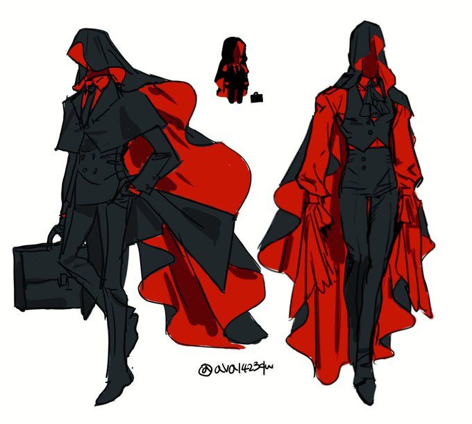 this is an animestyle illustration of two characters. both are dressed in a very stylish and elegant ensemble, consisting of a black suit, a red cape, and a black fedora. the characters are drawn in a dynamic pose, with a strong sense of movement. the illustration is very detailed, with a lot of attention to detail in the clothing and accessories. the artwork features bold lines, and vibrant colors which make the illustration very visually appealing.
