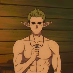 a shirtless elf with short green hair stands in front of a wooden wall. he's muscular, with pointed ears and a silver cross necklace. he has a neutral expression on his face and is looking directly at the viewer.