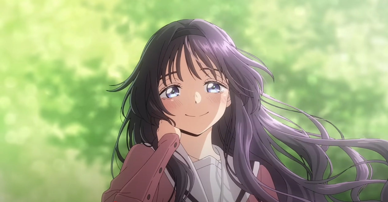 the image is a closeup portrait of an animestyle girl with long, flowing purple hair.  she has large, expressive blue eyes and a gentle smile, and her cheeks are lightly blushed. her hair is slightly windblown, suggesting a gentle breeze. she appears to be wearing a school uniform with a maroon jacket. the background is a softly blurred green, indicative of an outdoor, natural setting. the overall style is soft and romantic, with a focus on the girl's delicate features and peaceful expression.