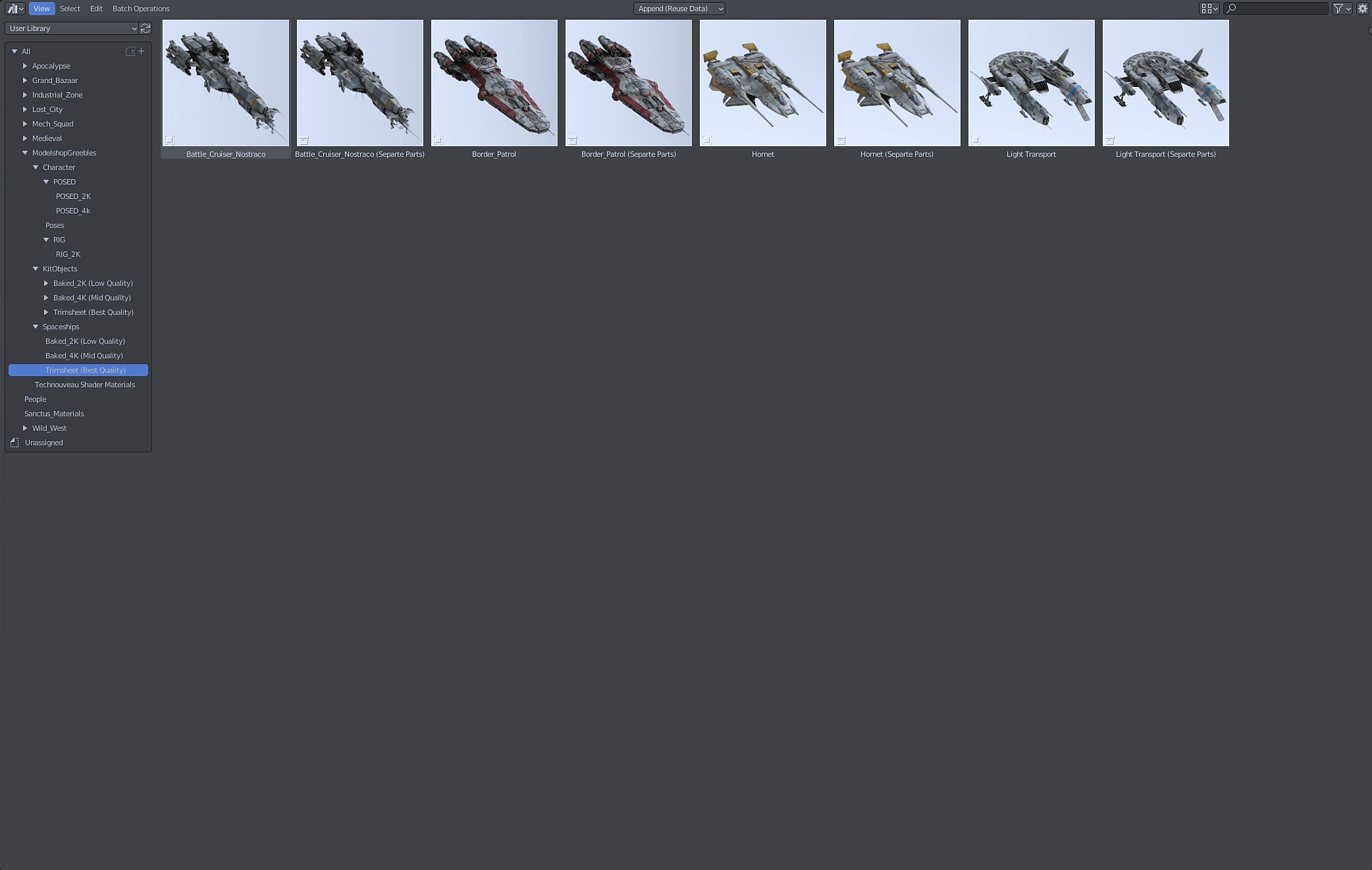 the image shows a screenshot of a 3d modeling or game development software's asset library. the library displays a selection of  spaceship models categorized by type (battle cruiser, border patrol, hornet, light transport) and quality level (low, mid, high).  each spaceship has multiple variations, including full models and models broken down into separate parts. the lefthand panel shows a hierarchical list of assets within the library, indicating various levels of detail, baked textures, and materials. the interface suggests the software is likely used for creating game assets or similar 3d projects.