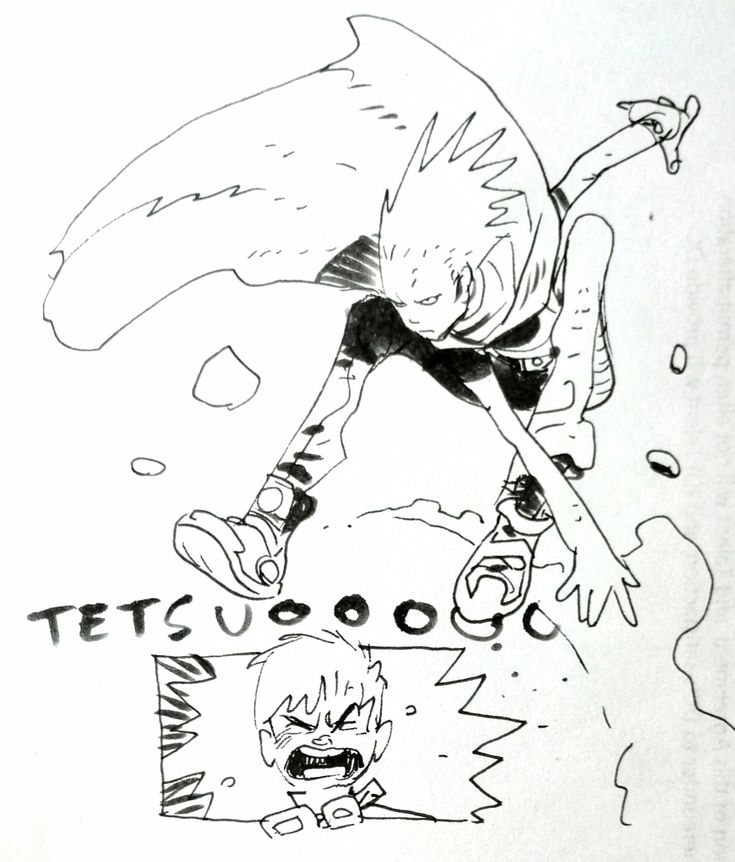 this is a black and white mangastyle drawing of two characters. the character in the background is a man with spiky hair and a cape. he is leaping forward with his right leg outstretched and his left hand held up in a fist. he appears to be about to land on the character in the foreground. the character in the foreground is a man with short, spiky hair and a wideeyed expression. he is in a crouched position with his arms up to block the attack of the first character. the drawing is dynamic and energetic. the lines are bold and expressive. there is a large "explosion" effect around the character in the foreground, suggesting the impact of the attack.