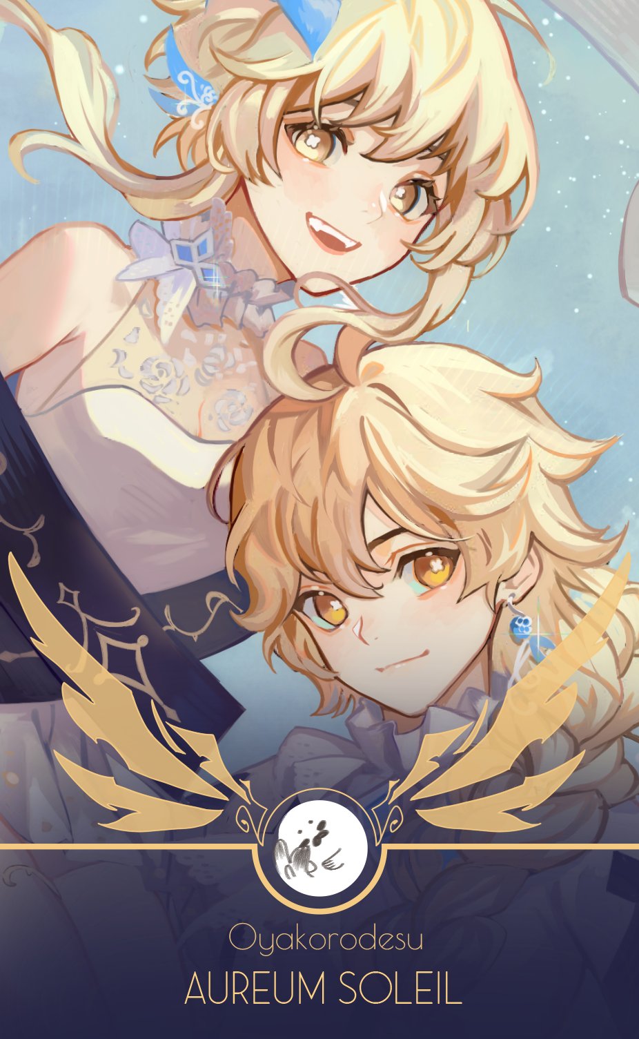 this animestyle illustration depicts a young boy and girl together. the girl has long blond hair, a blue and white flower crown, and is wearing a dress that has blue and white designs. the boy also has long blond hair, a blue earring, and is wearing a white shirt. the characters are looking at each other and smiling. they seem to be in love. the background is a blue sky with white clouds. there are golden lines and designs surrounding them, which adds to the magical and romantic atmosphere. this illustration is a depiction of young love and the joy of being with someone special.