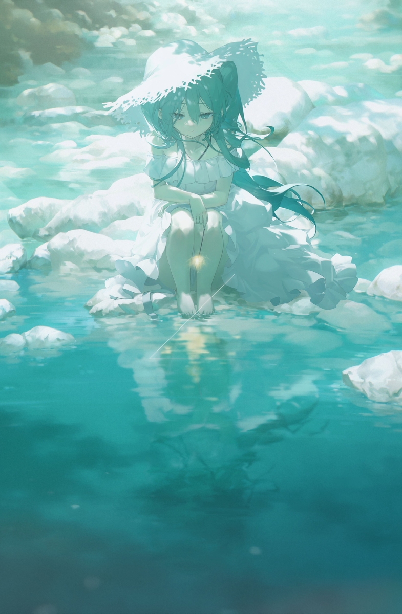 an anime girl with long turquoise hair sits on what appears to be clouds above a body of turquoise water. she wears a white dress and a large white hat with a lacelike brim. her bare feet dangle over the water, creating a reflection. the scene is bathed in a soft, ethereal light, giving it a dreamlike quality. clouds fill the background and are also reflected in the water.