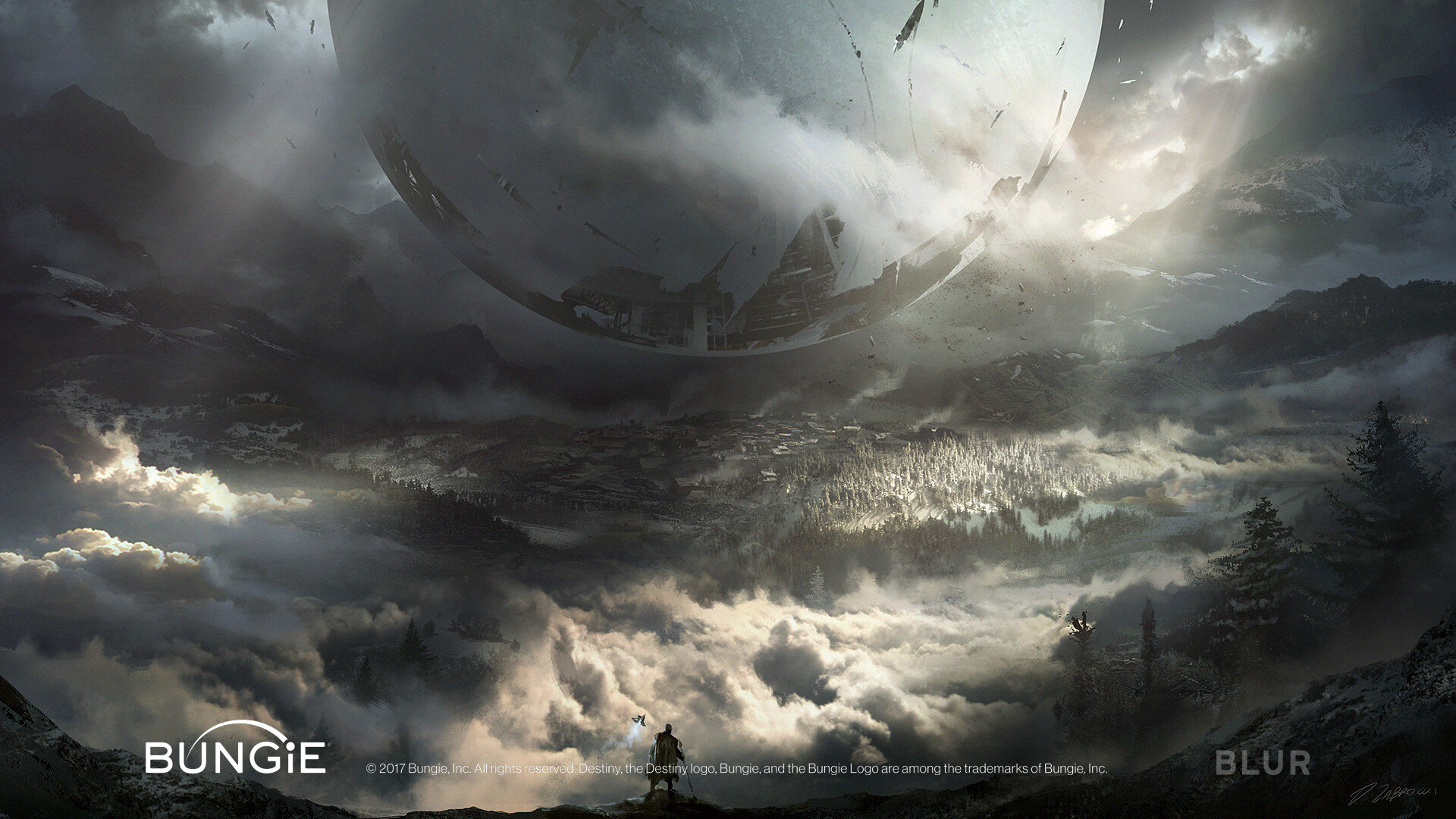 a digital artwork depicting a scene from the video game destiny 2. the artwork features a large, spherical spacecraft, likely a spaceship or station, hovering above a mountain range, with a figure of a guardian from the game standing in the foreground. the environment is shrouded in mist and fog, lending a sense of mystery and intrigue. in the background, a vast forest stretches across the landscape, dotted with glimpses of snowcovered peaks. the artwork is in a style reminiscent of science fiction and fantasy, with a dramatic and immersive composition.