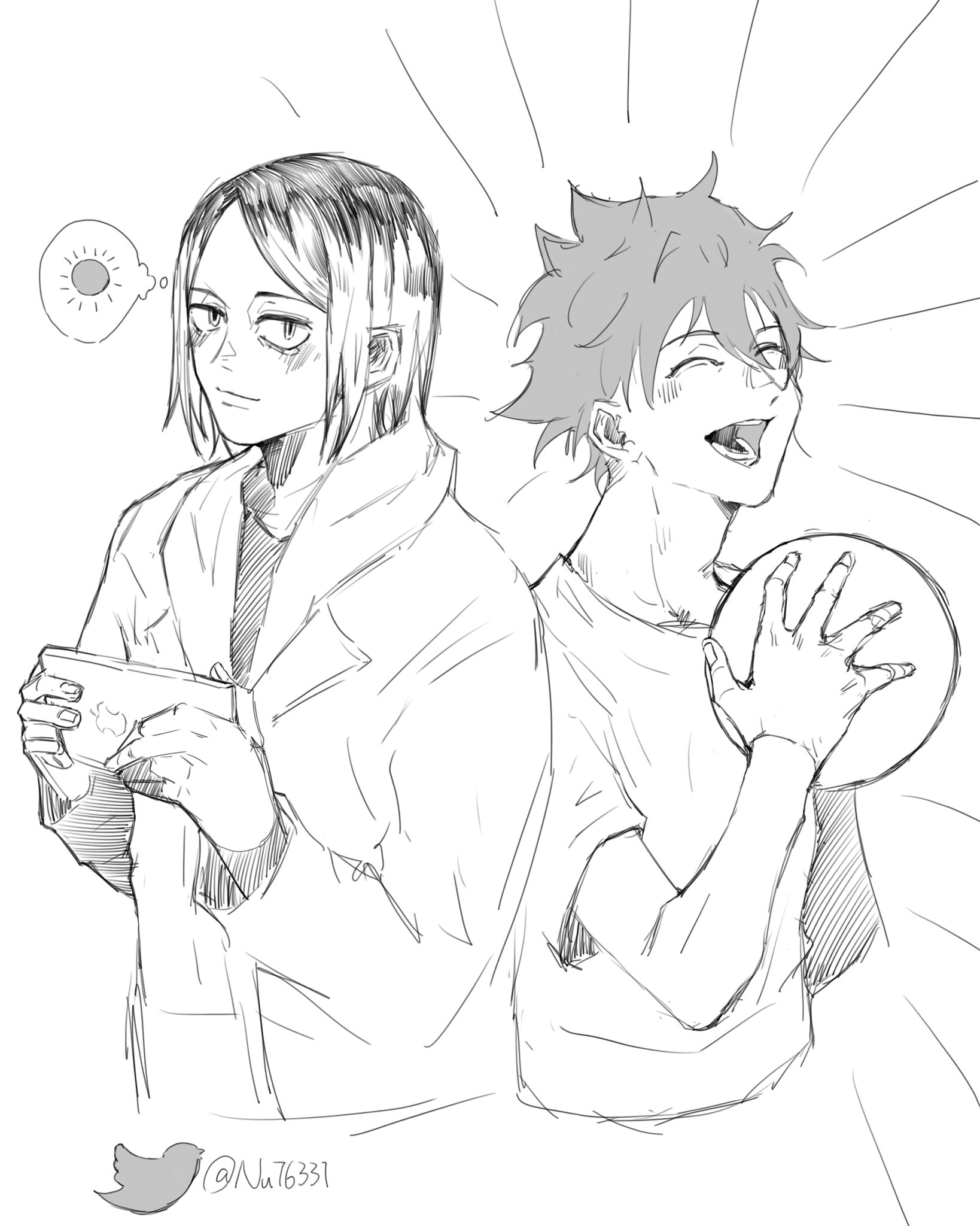 two anime boys are depicted in a casual setting. one boy is holding a phone while the other is holding a volleyball. both of them are smiling and seem to be having a good time. the background is a simple, white background with some light rays. the art style is simple and expressive, typical of anime.
