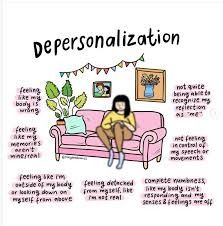 the image is an illustration about depersonalization, showing a woman sitting on a pink couch with various captions around her describing symptoms like feeling detached from oneself, distorted body image, unreal memories, inability to recognize oneself in a reflection, lack of control over speech and movements, and complete numbness. the illustration includes decorations, a plant, and the word "depersonalization" at the top.