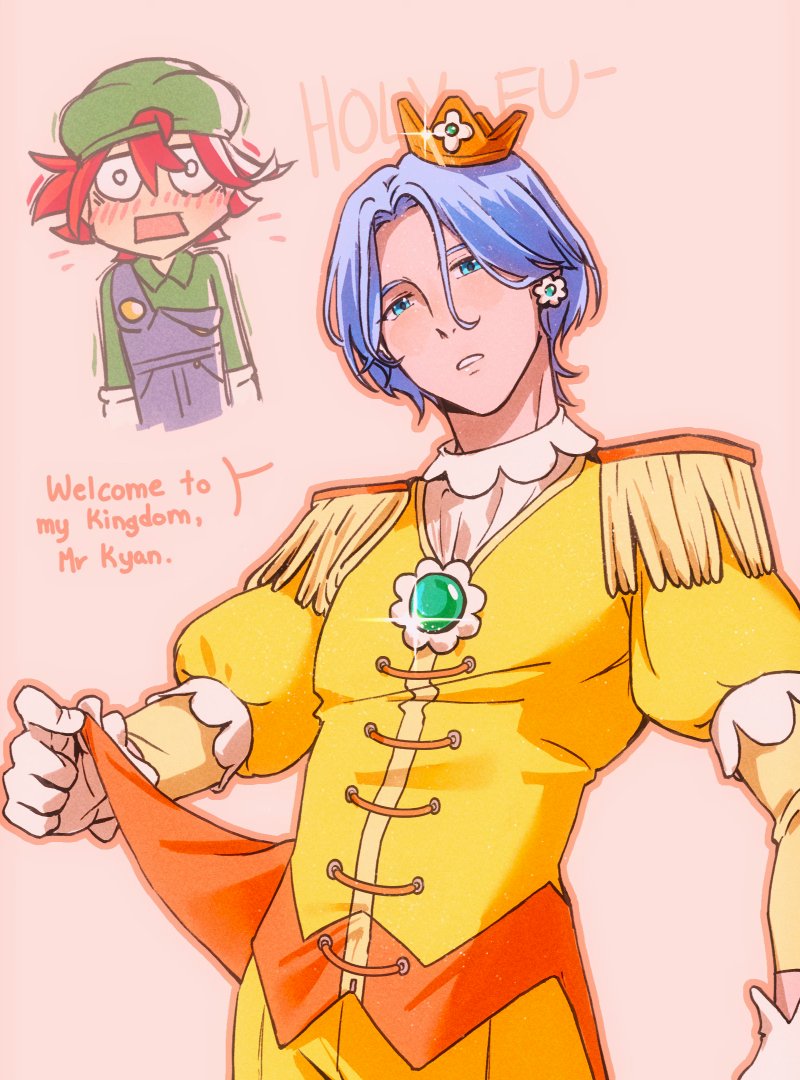 the image is a digital fanart featuring a male character dressed in elaborate yellow and orange royal attire, complete with a flower crown. he has blue hair and a gentle expression, with a subtle blush on his cheeks. he appears to be welcoming someone, as the text "welcome to my kingdom, mr. kyan" is visible. in the background, a smaller sketch of a surprised, blushing character, possibly inspired by a video game character like luigi, is also shown.  the overall style is anime/mangainspired, with soft lines and vibrant colors, set against a pale pink background. the image has a playful and lighthearted tone.