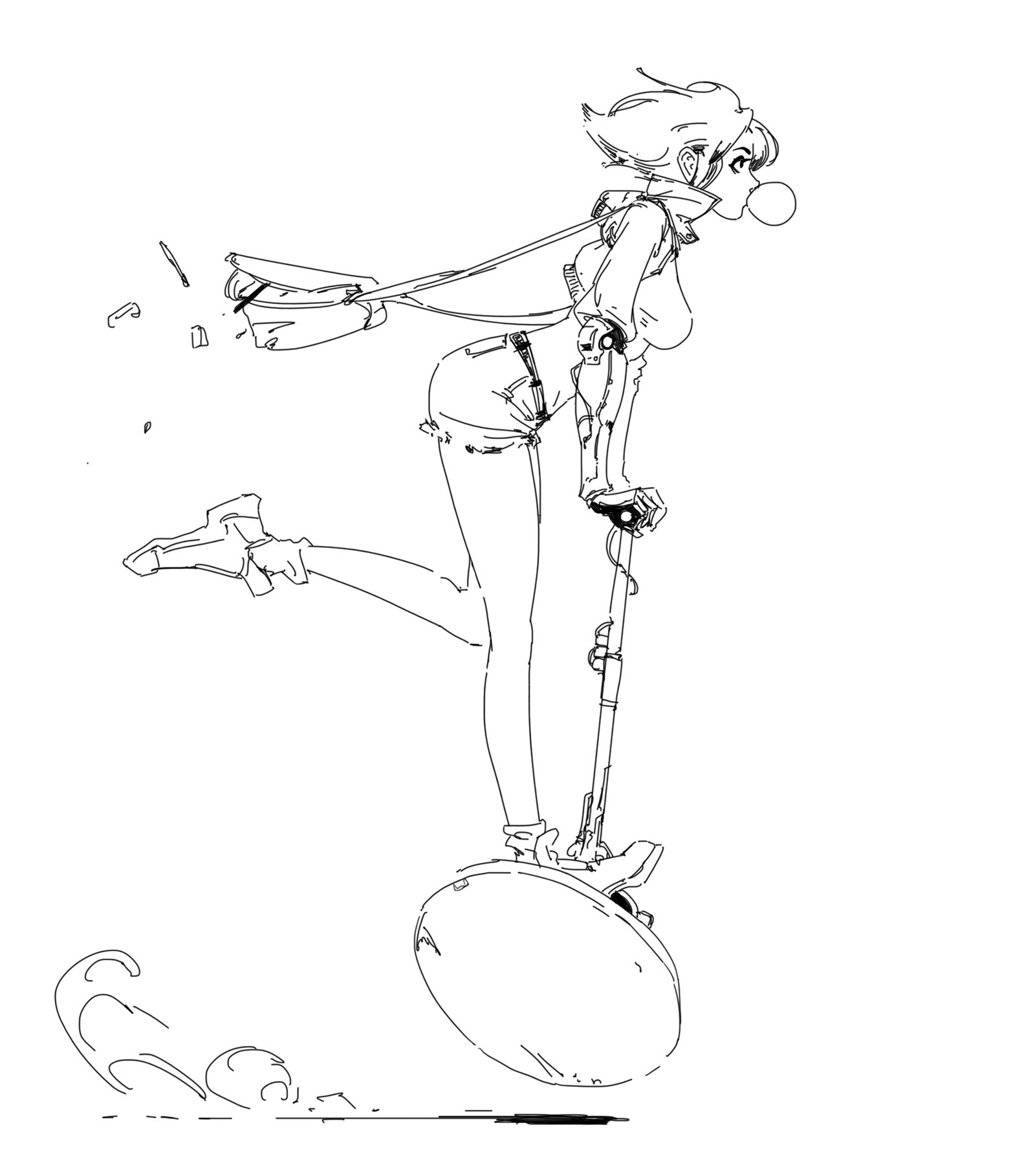 a dynamic line drawing of an animestyle girl riding a futuristic onewheeled scooter. she is depicted in motion, with her hair flowing and a bubble of gum in her mouth.  the style is loose and expressive, typical of concept art or character design sketches. the setting is implied rather than explicitly shown.  the lines are confident and fluid, giving a sense of energy and movement.