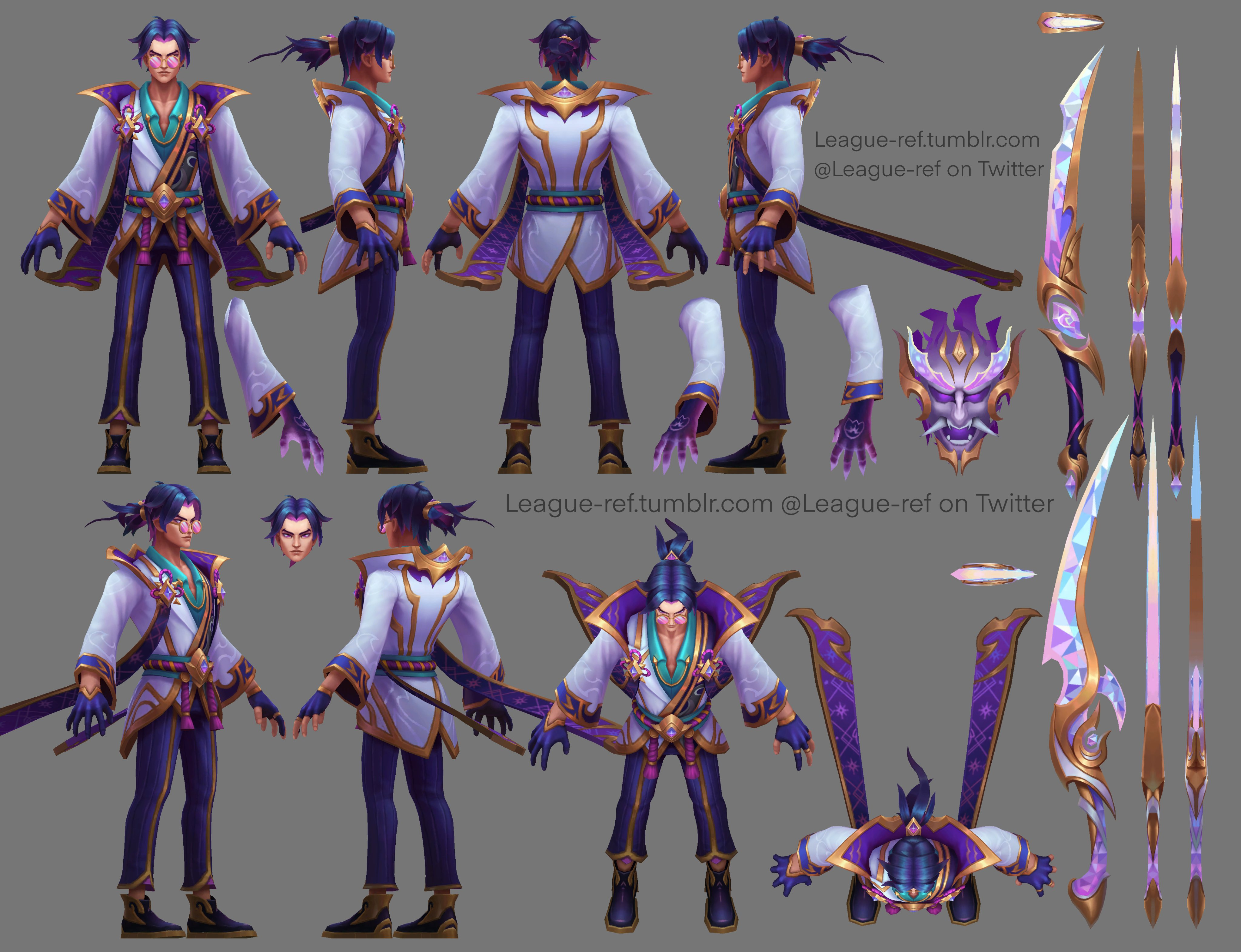 the image is a comprehensive model sheet for a league of legends character, specifically yasuo's spirit blossom skin. it showcases multiple views of the character model, including front, side, back, and threequarter views, as well as closeups of the face and various poses.  the sheet also presents detailed renderings of individual elements of the character design, such as his weapons (katanas and possibly a hidden blade), mask, and various clothing details. the style is highly polished and detailed, typical of concept art used in video game development.  the artist's watermark is visible, crediting "leagueref" on tumblr and twitter. the overall color scheme is predominantly purple, gold, and white, reflecting the theme of the spirit blossom skin.
