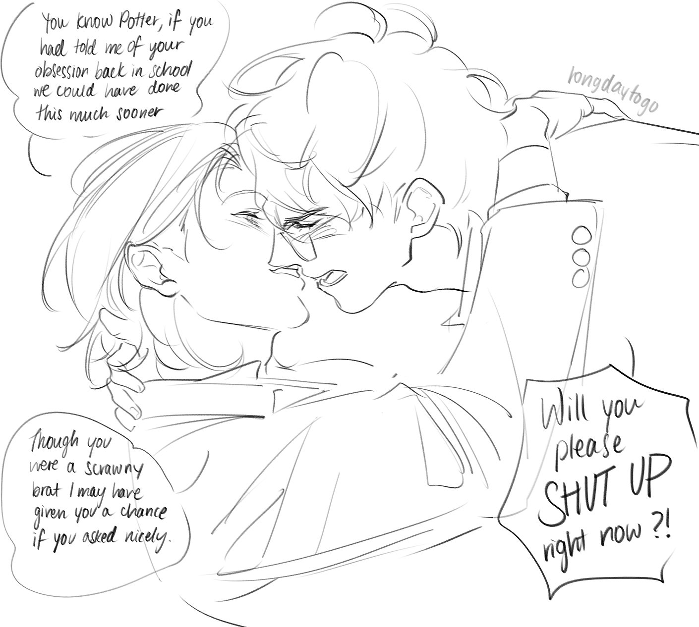 he image is a handdrawn sketch or fanart depicting a romantic scene between two characters reminiscent of harry potteresque style. one character, possibly representing harry potter, is leaning in for a kiss with the other.  speech bubbles containing dialogue reveal a playful and slightly argumentative interaction. the style is loose and expressive, typical of quick sketches or fanart. the overall tone is affectionate and humorous.