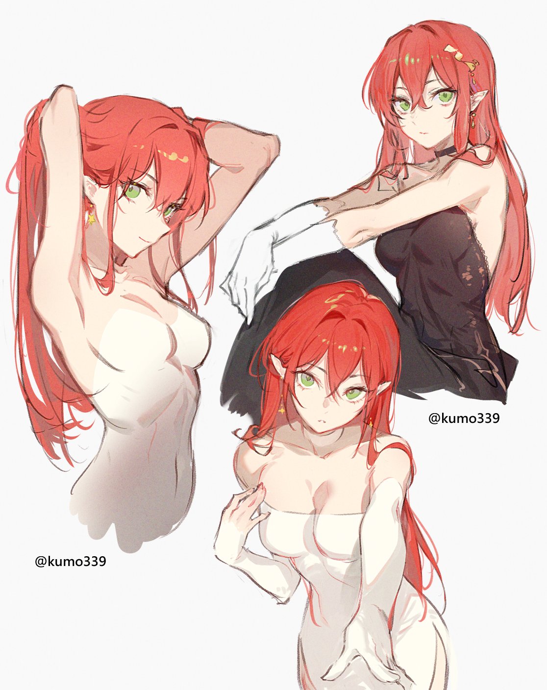 the image shows three different poses of an anime girl with red hair, green eyes, and elf ears. in one pose, she is depicted with her hands up, appearing to be adjusting her hair. another pose shows her seated, wearing a black dress and white gloves. in the third pose, she is standing, wearing a white dress and gloves. the artwork is signed with "@kumo339" in two places.