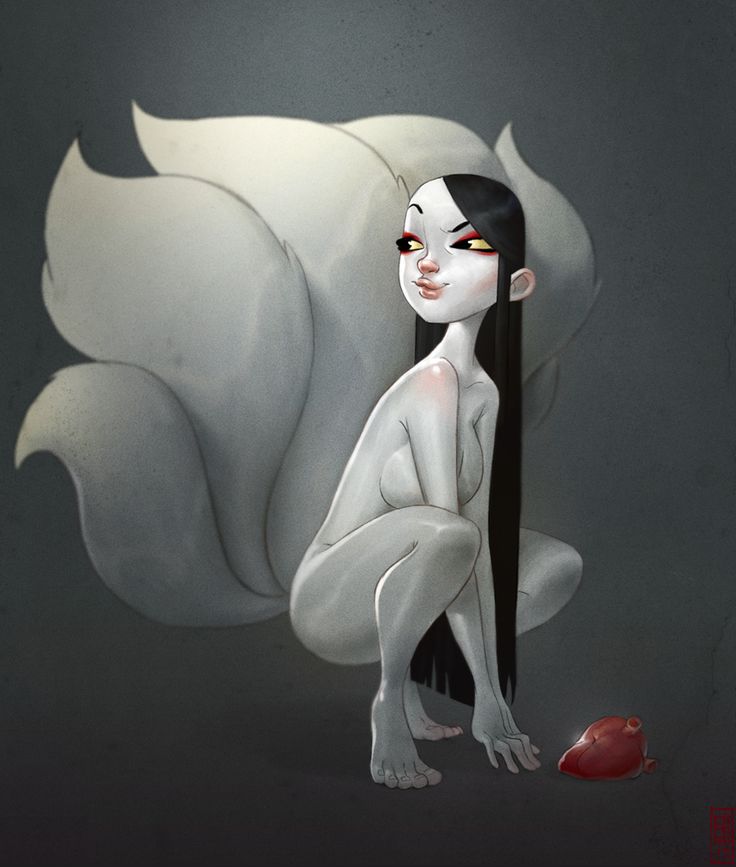 a stylized cartoon illustration of a paleskinned female figure with black hair and nine large white tails of a fox, crouching on the ground next to a red heart. the figure resembles a kitsune, a fox spirit from japanese folklore. the style is reminiscent of a modern fantasy art, featuring bold lines and a muted color palette.