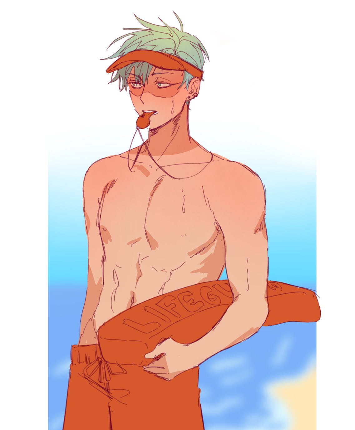 a young, shirtless, anime male lifeguard stands on a sandy beach holding a rescue buoy. he has bright blue hair and is wearing an orange lifeguard cap. he is looking off to the side, with a serious expression on his face.  the background is blurry, showing a blue ocean and sand.