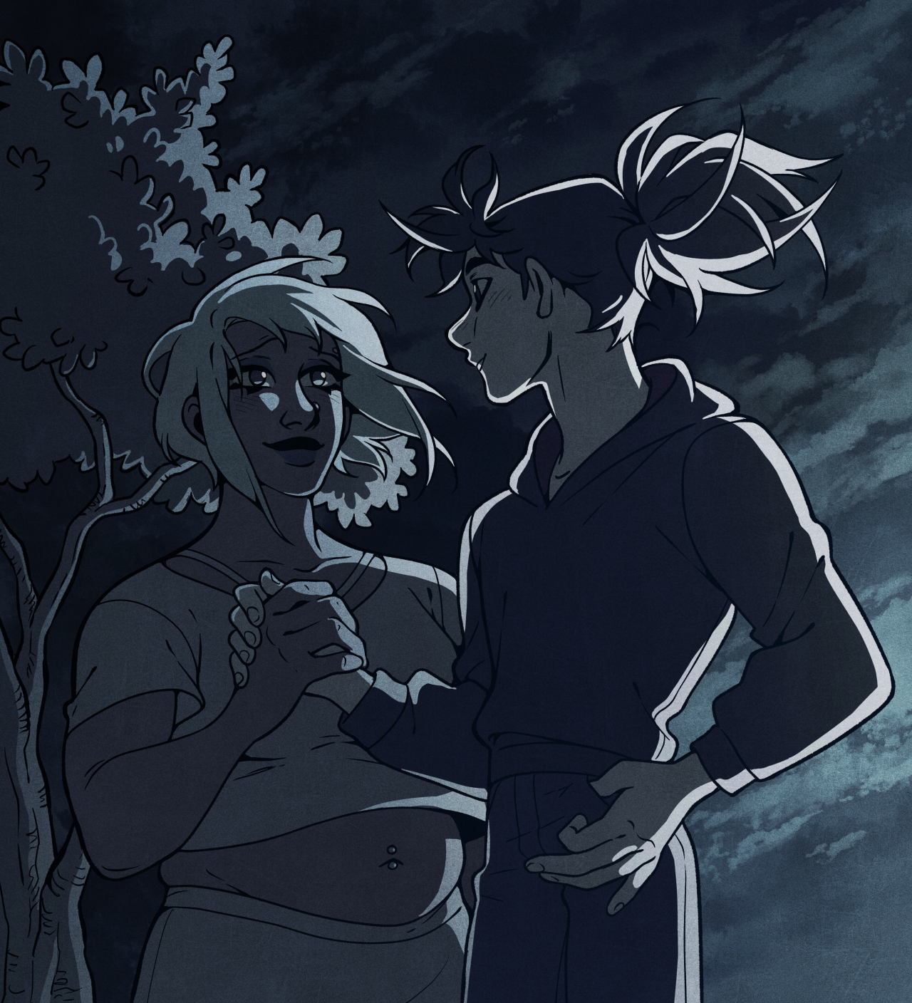 two figures, a man and a woman, stand facing each other under a dramatically lit night sky. they are holding hands, their silhouettes outlined against the dark clouds. the woman, with short light hair and a belly piercing, gazes up at the man, a soft smile gracing her lips. the man, with long dark hair tied back, looks down at her with an equally tender expression.  a single tree with delicate leaves frames the couple on the left, adding to the romantic and intimate atmosphere.
