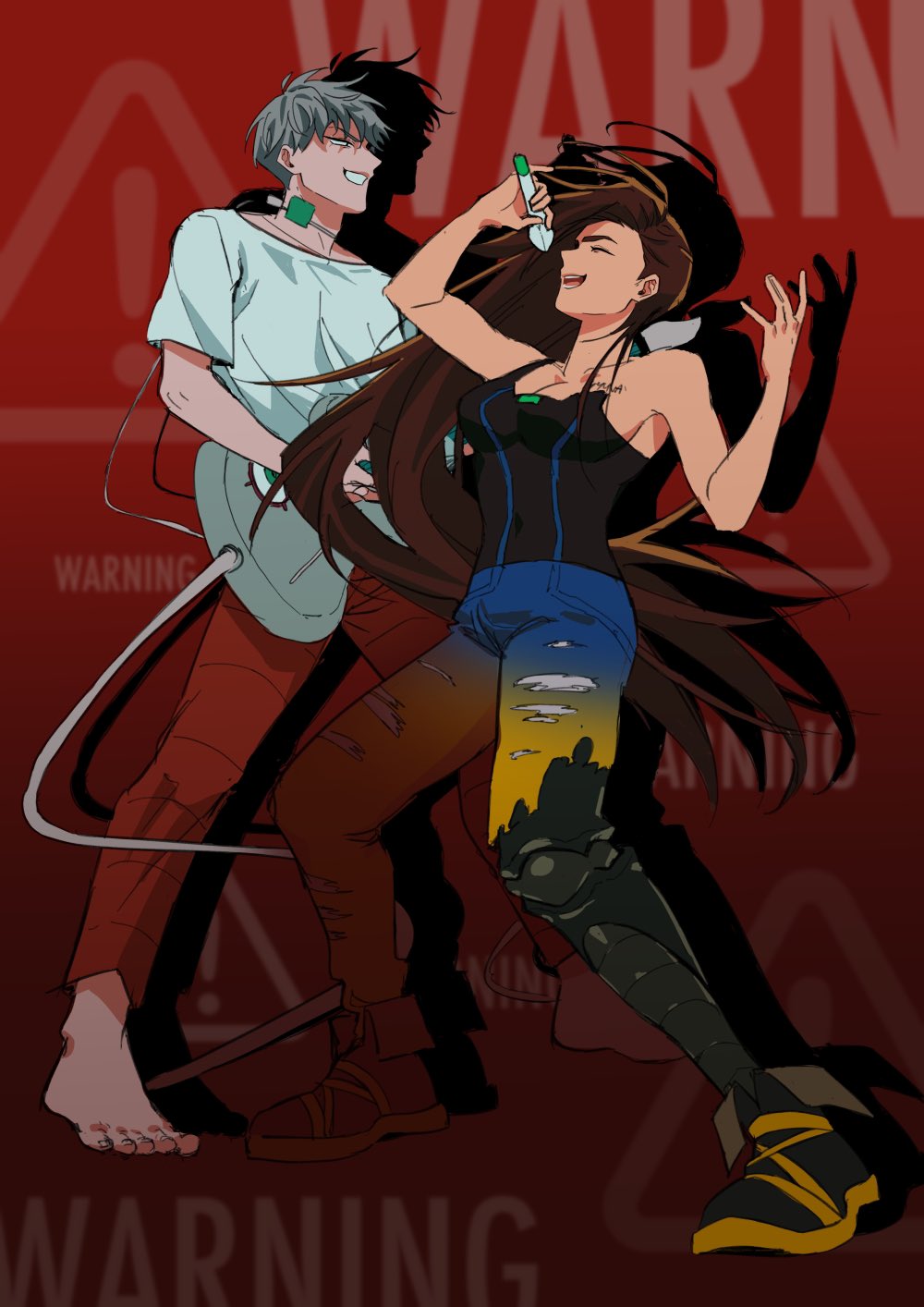 an anime illustration of a man and woman performing on stage. the man is playing a guitar, and the woman is singing into a microphone. they are both dressed in casual clothing, and the background is a red warning sign. the art style is a mixture of traditional anime and western cartoon. the image is full of energy and excitement, and the characters are both clearly enjoying themselves.